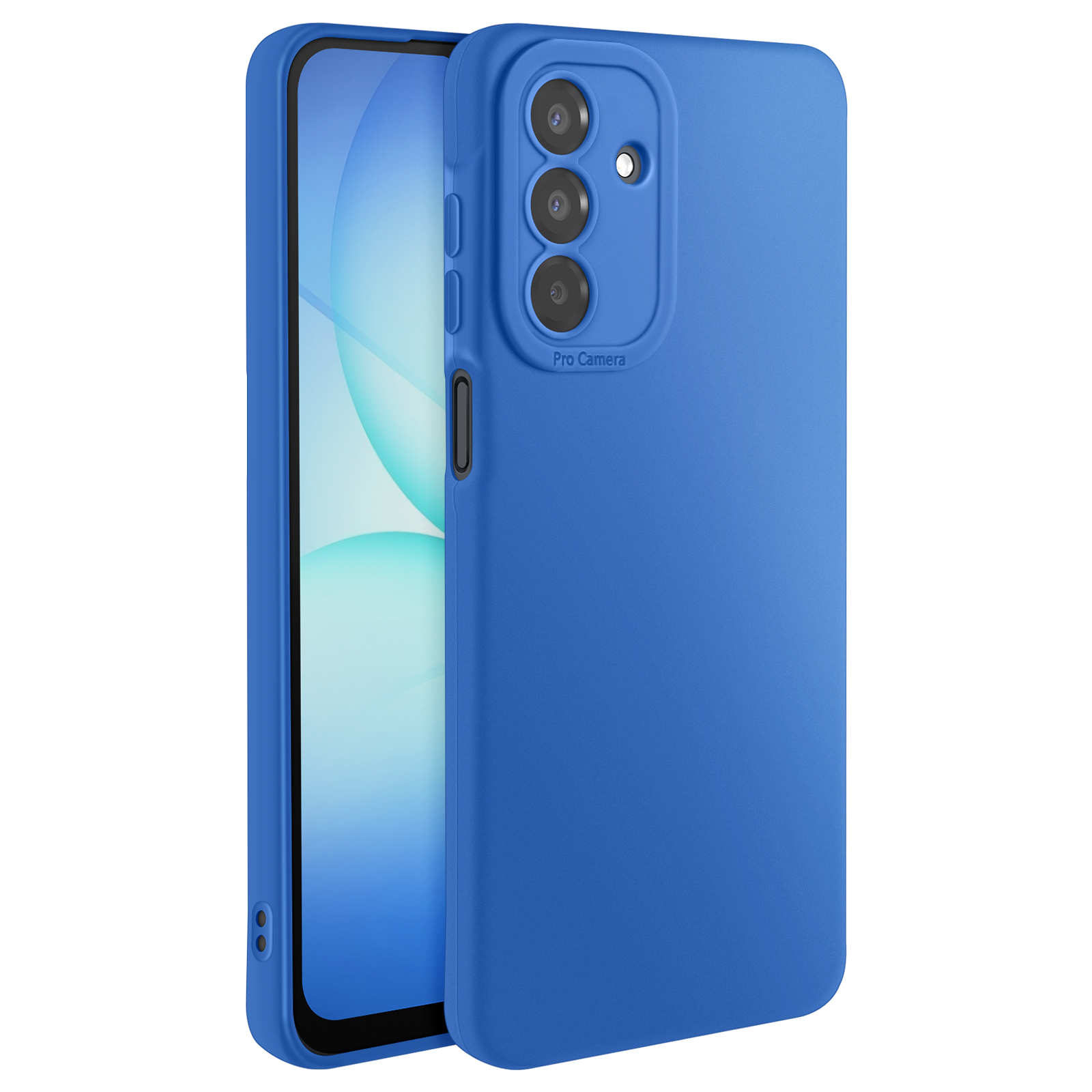 Un étui de téléphone bleu est affiché, avec le téléphone à l'intérieur affichant un écran bleu clair. L'étui a une bosse de caméra