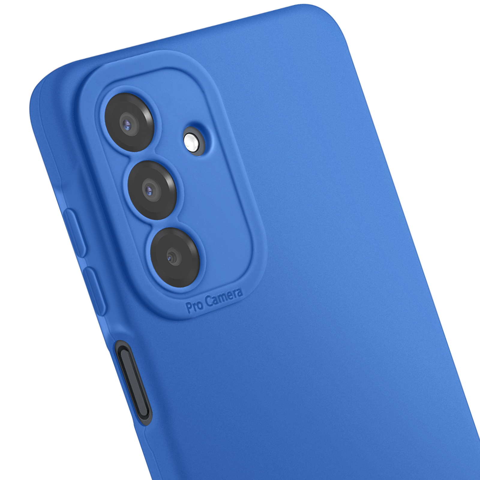 Coque de téléphone bleue avec trois objectifs de caméra et un bouton. Les mots 'Pro Camera' sont imprimés.