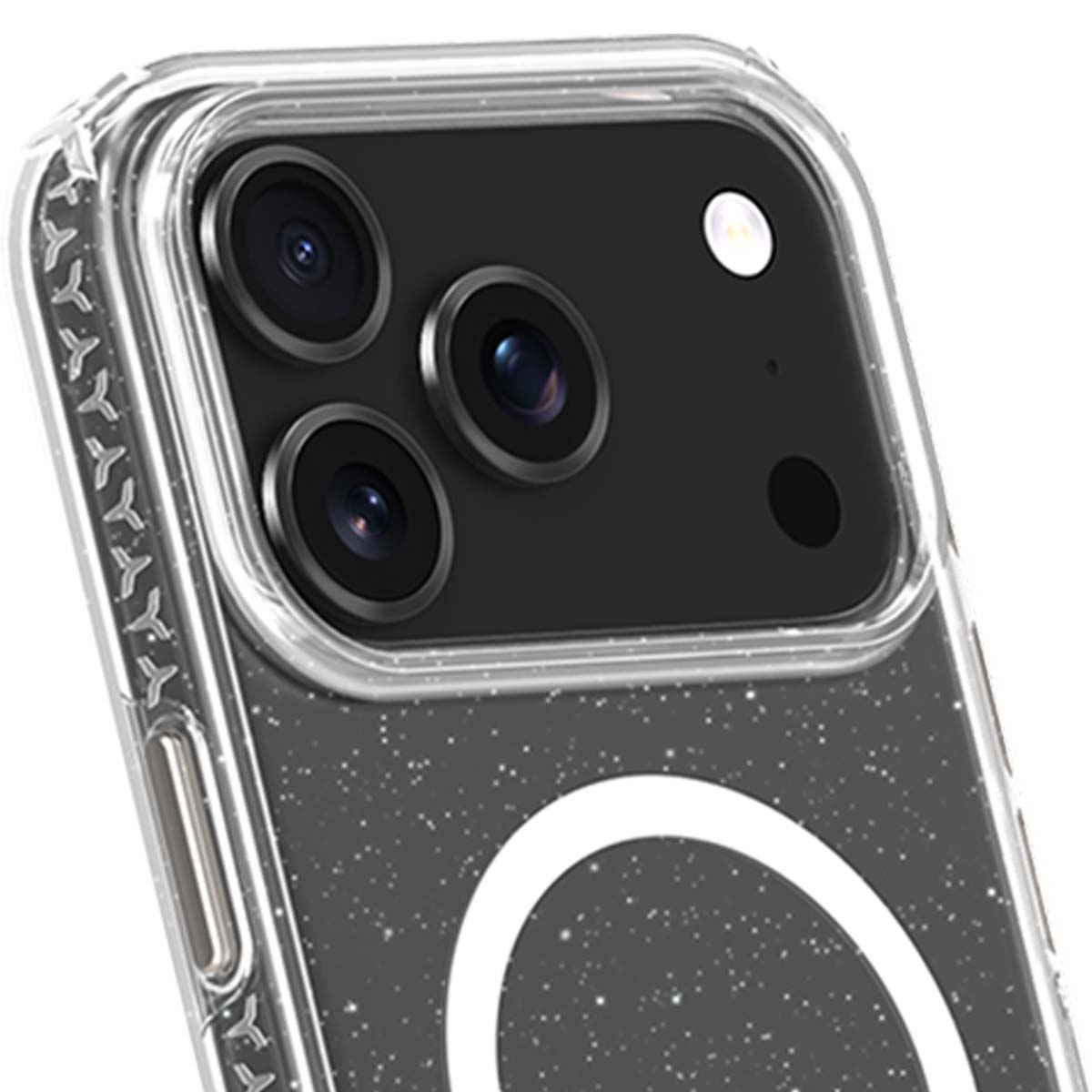 Primo piano di una custodia per telefono con tre obiettivi. La custodia è trasparente con sfondo glitterato e un anello bianco.