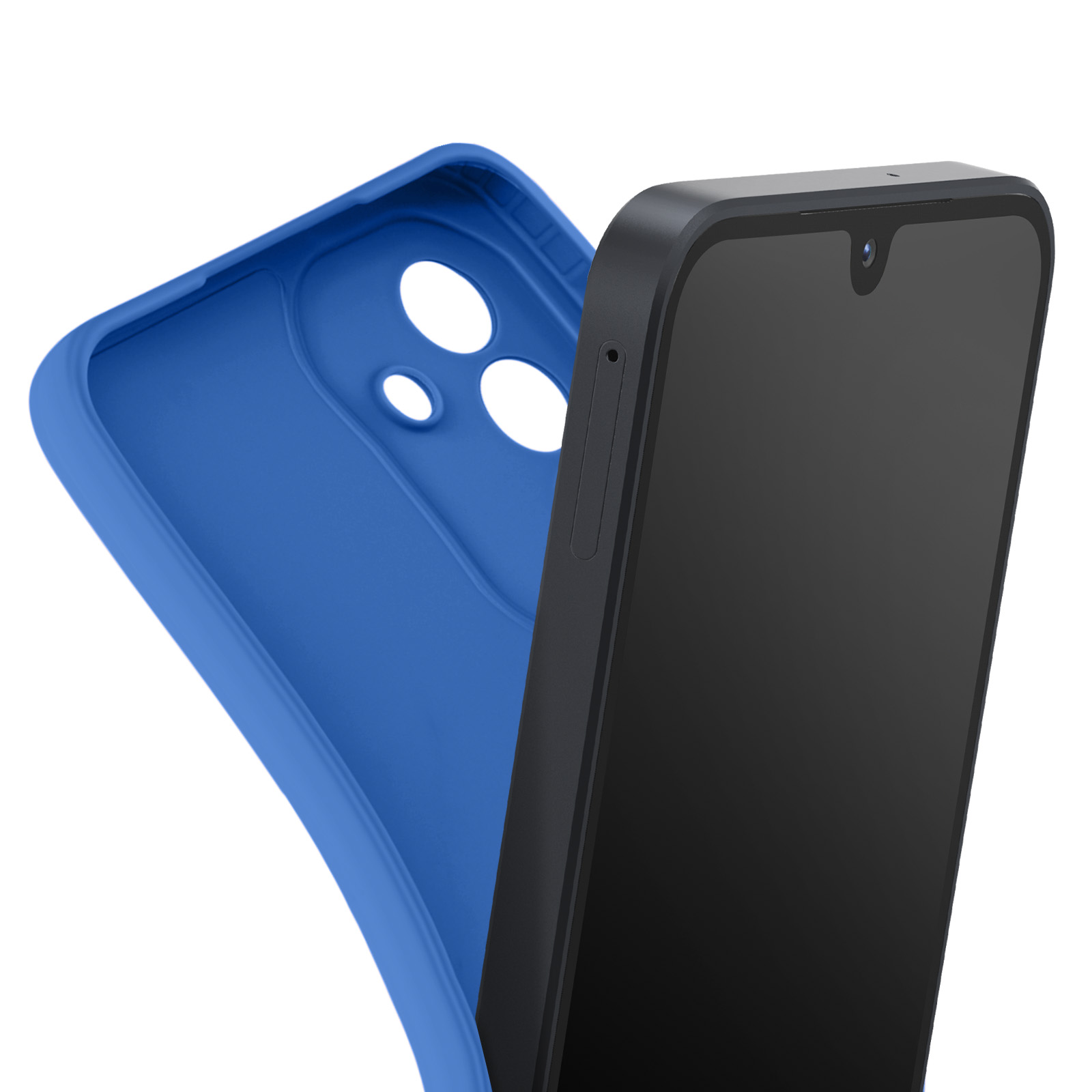 Un téléphone et un étui bleu. Le téléphone est noir, l'étui est ouvert.