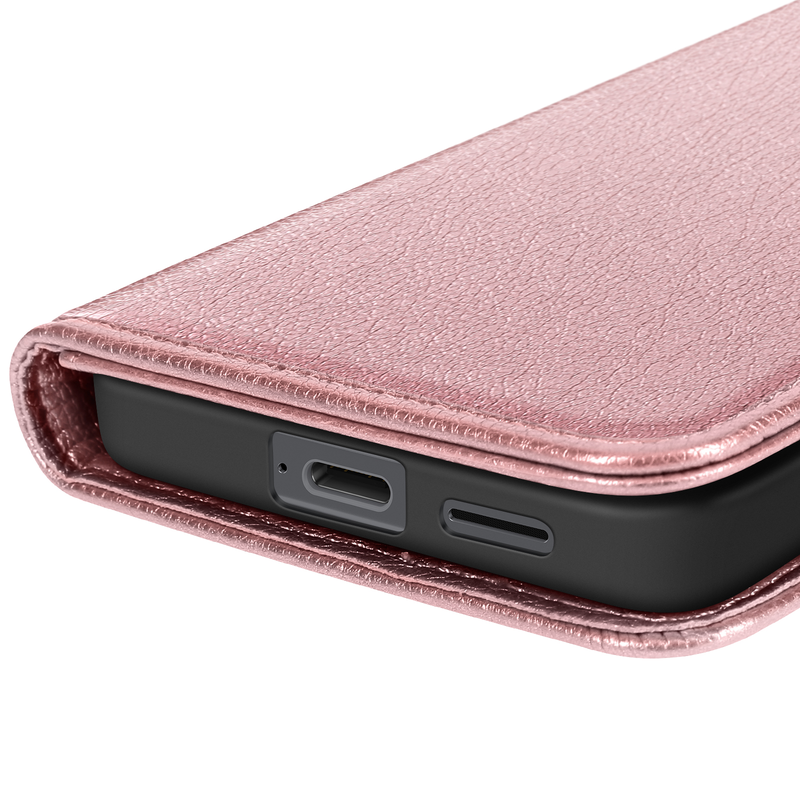 Primo piano di una custodia per telefono in pelle rosa, avvolta attorno a un telefono nero. La custodia ha una superficie strutturata ed è parzialmente aperta.
