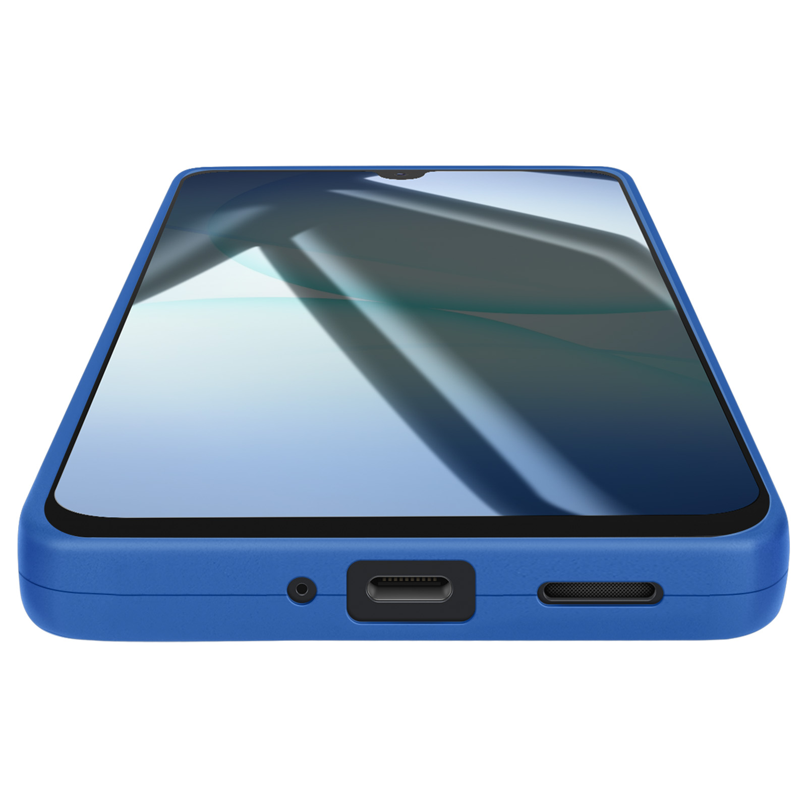 Un téléphone bleu dans un étui est en angle. L'écran reflète la lumière et possède une encoche.