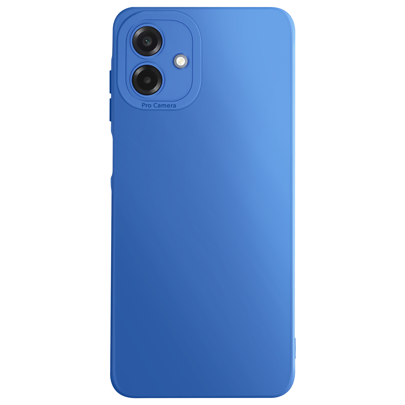 Une coque de téléphone bleue avec une double caméra. La coque a une texture lisse. Fond blanc.