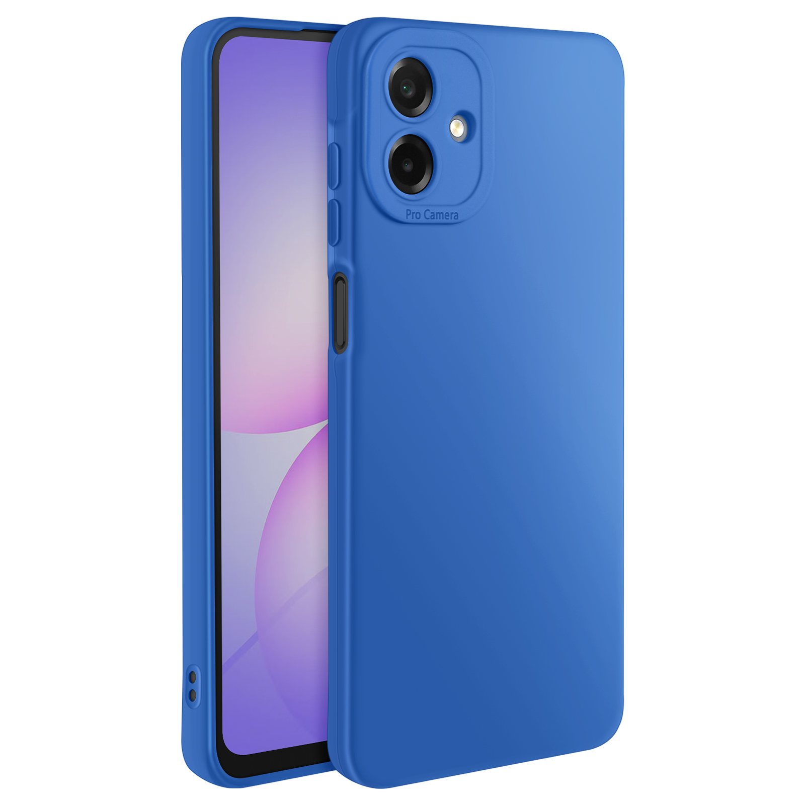 Une coque de téléphone bleue avec un téléphone à l'intérieur. L'étui a des découpes pour l'appareil photo et des boutons. L'écran du téléphone affiche un motif violet.