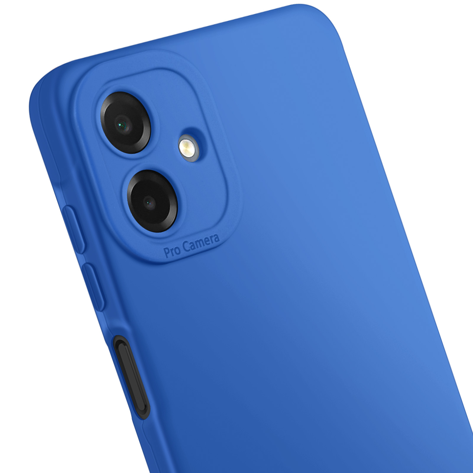 Coque de téléphone bleue avec lentilles de caméra et boutons. Texte 'Pro Camera' visible. Fond blanc.