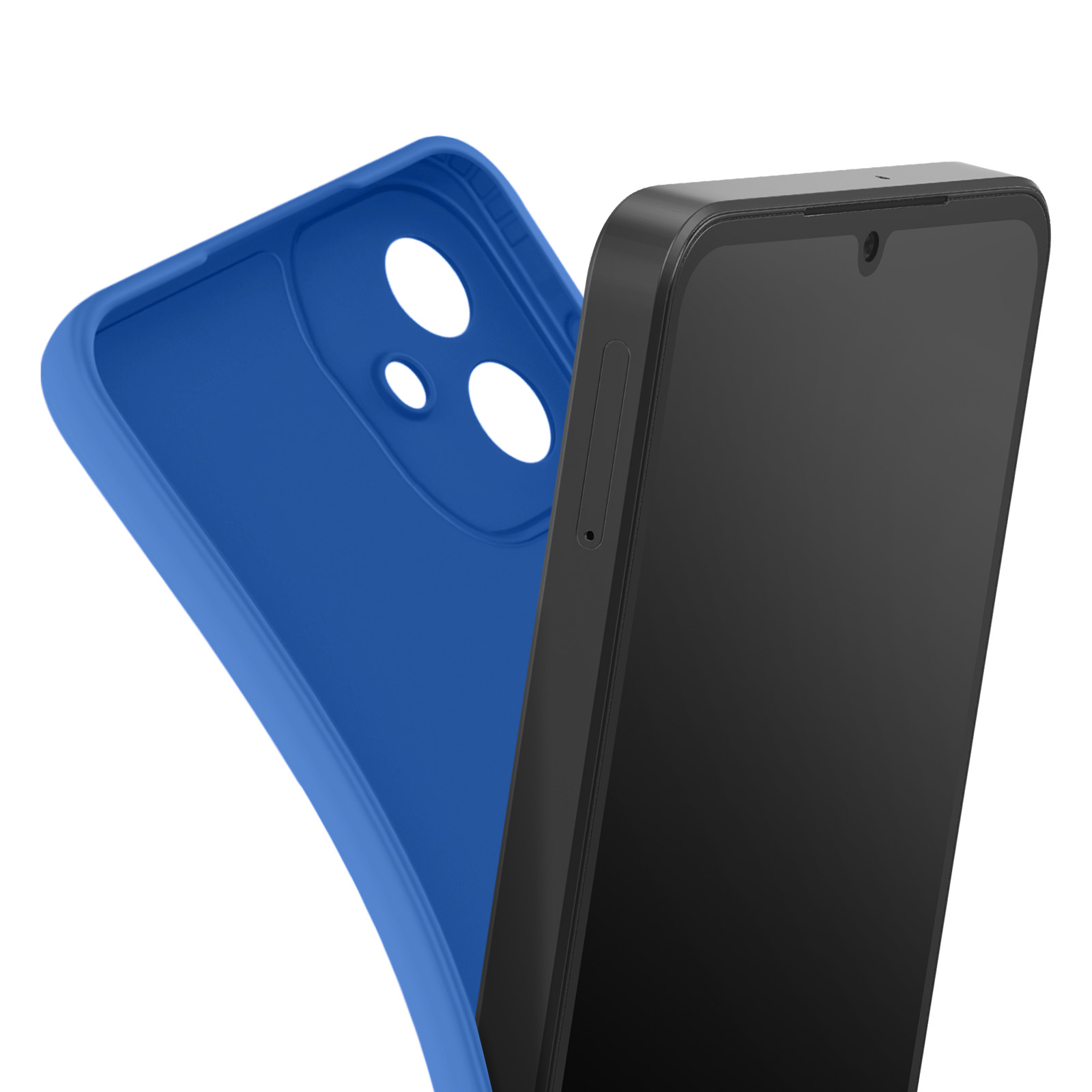Un smartphone avec un écran noir et une coque bleue. La coque a trois trous pour l'appareil photo et le flash.