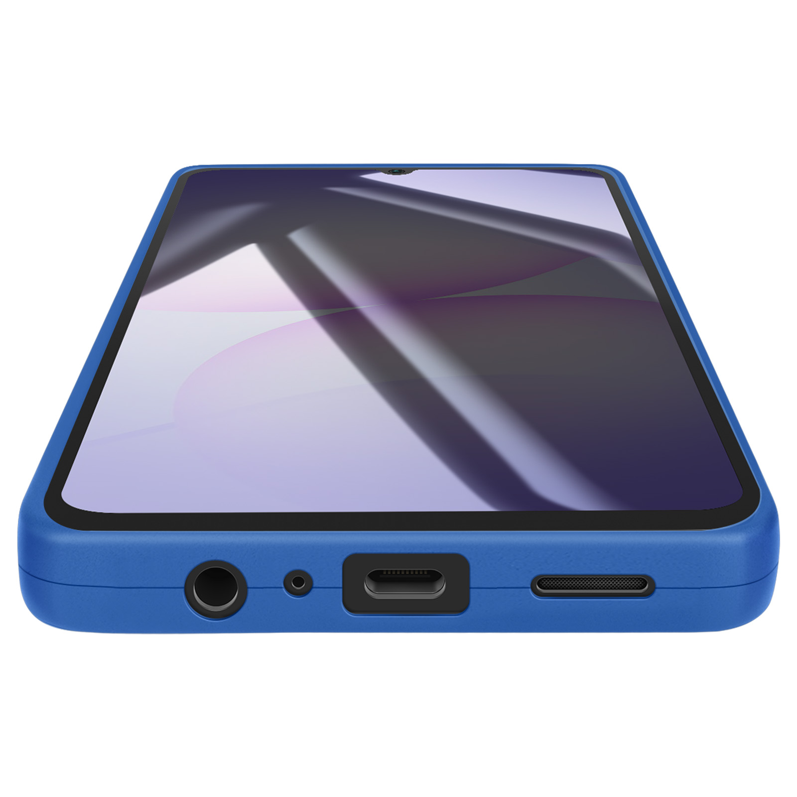 Un smartphone bleu avec un écran noir est incliné. Une vue latérale révèle une prise casque, un port de charge et un haut-parleur.