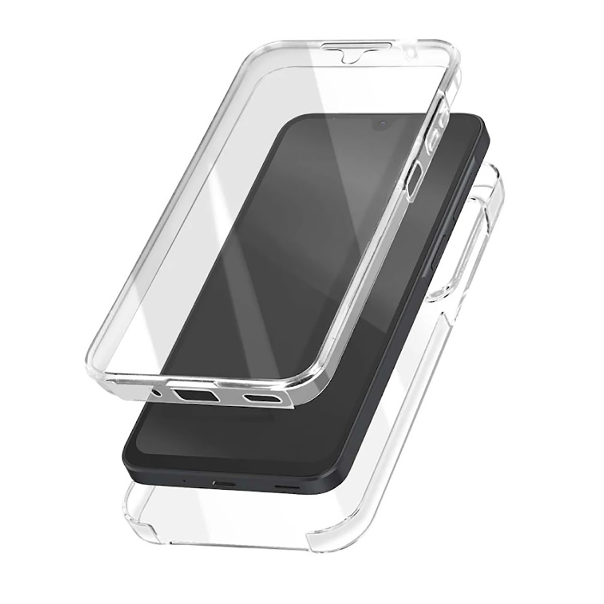 Uno smartphone con schermo nero è racchiuso in tre protezioni trasparenti, una staccata, su sfondo bianco.