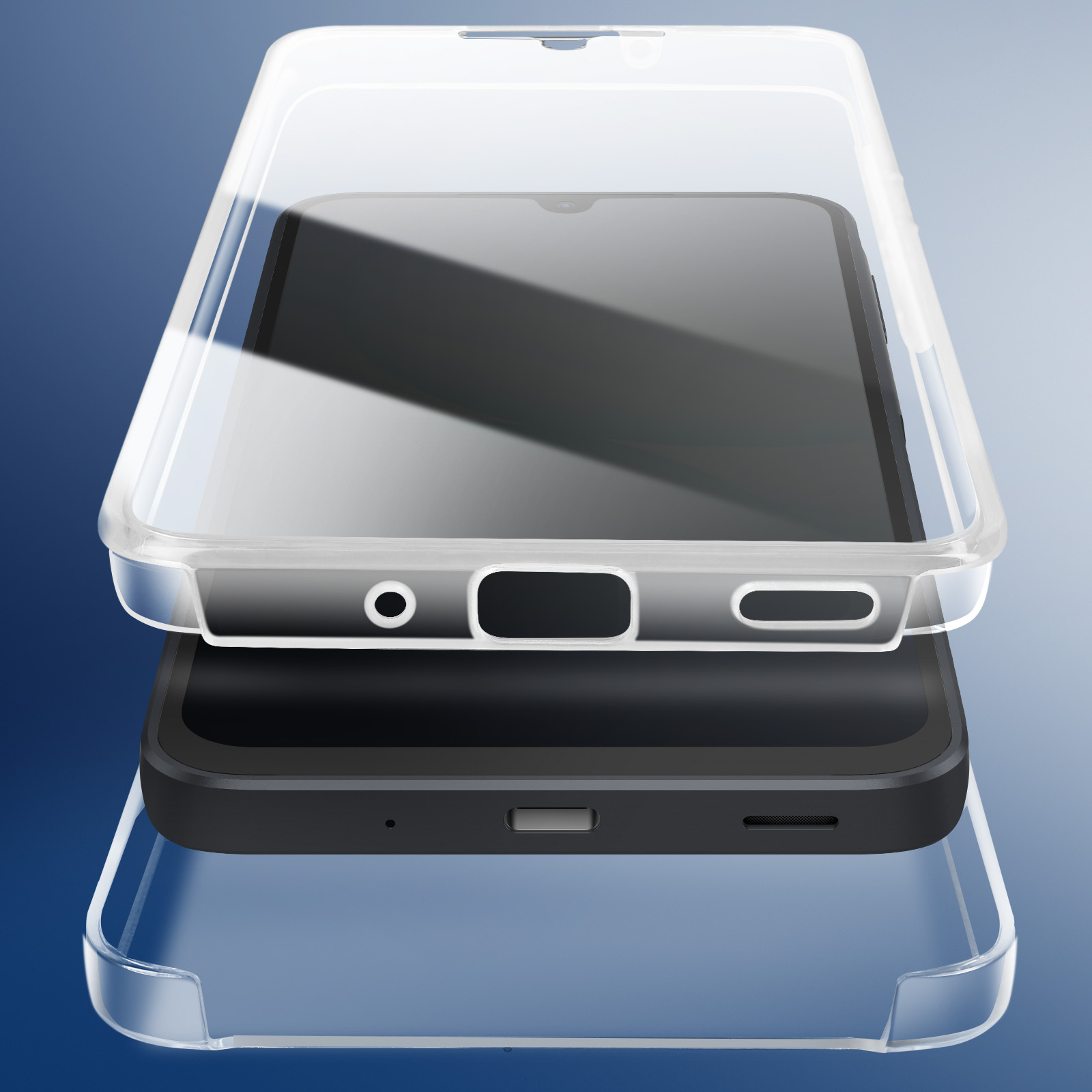 È mostrato uno smartphone con una custodia trasparente. Il telefono è tra due coperture di plastica trasparente.