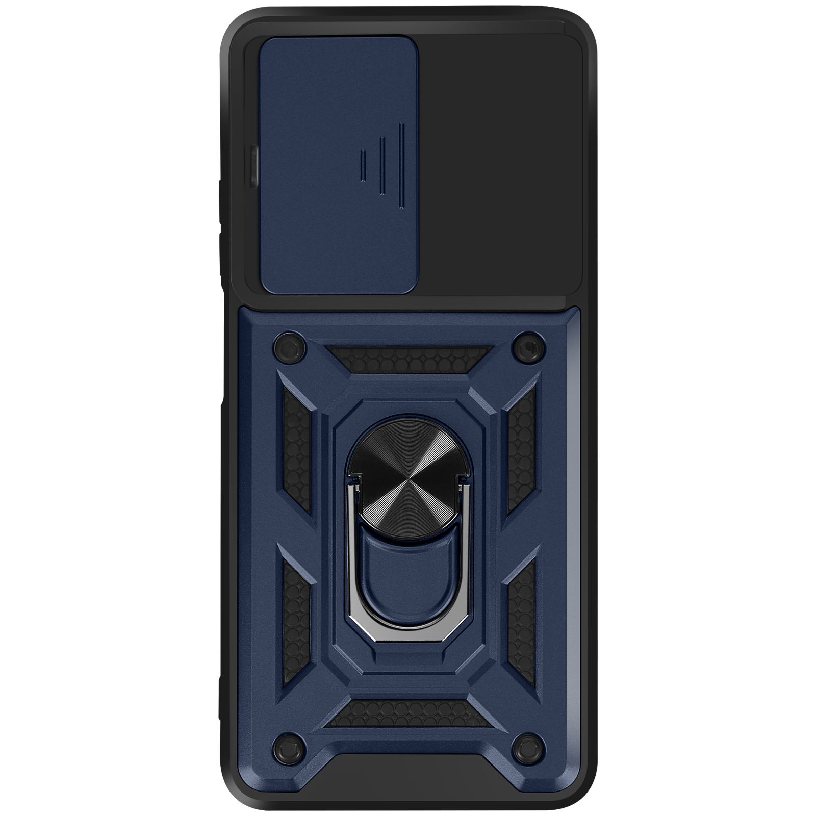 Una custodia per telefono blu e nera con supporto ad anello. Ha una copertura scorrevole per la fotocamera e un design strutturato.