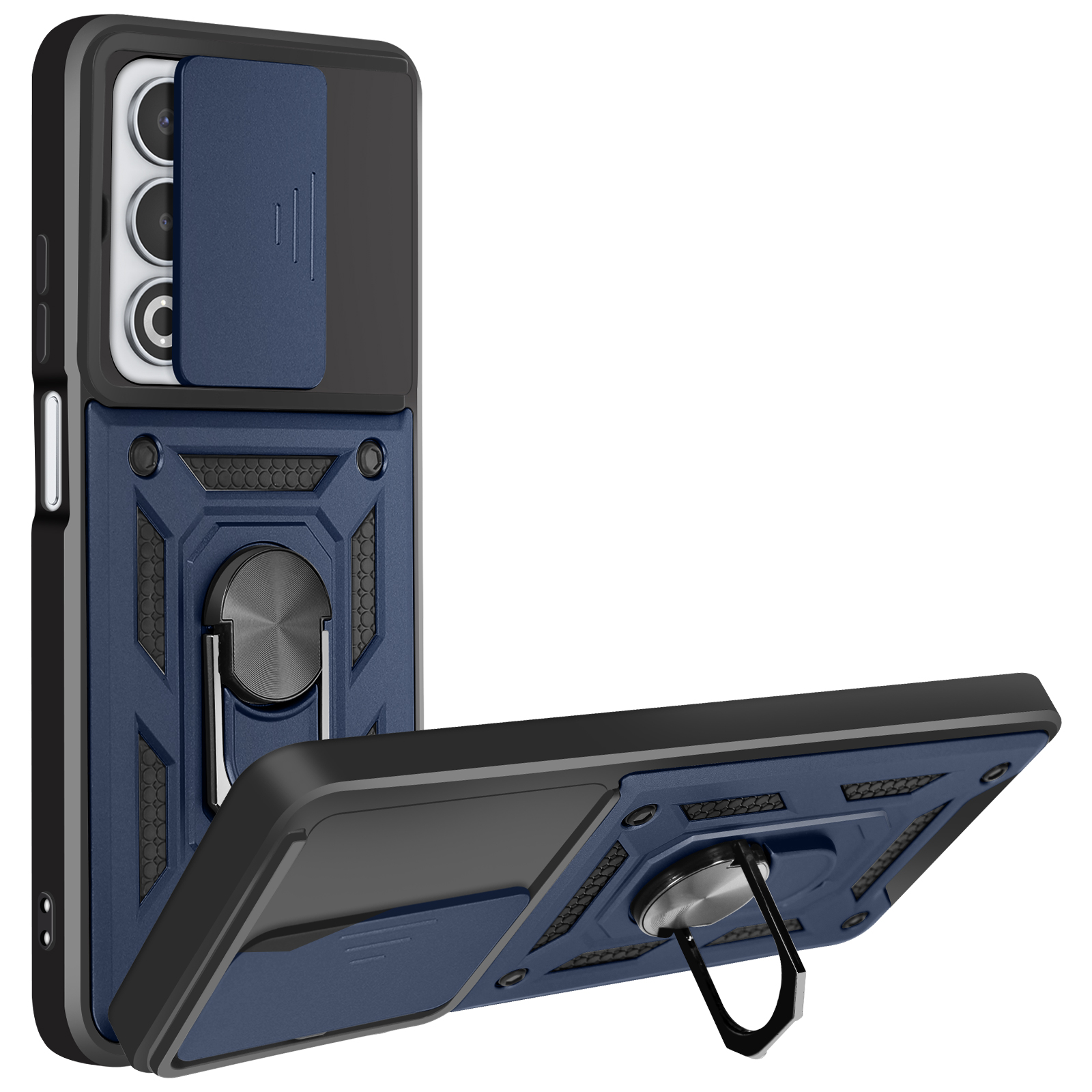 Una custodia per telefono blu e nera con copertura per fotocamera e supporto ad anello è mostrata su sfondo bianco.