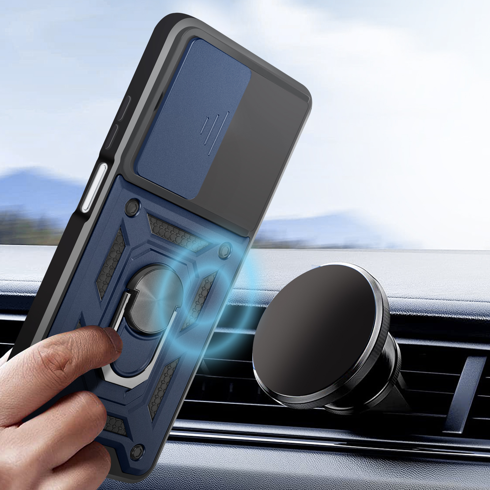 Una custodia per telefono e un supporto per telefono in un'auto. La custodia è blu e nera. Il supporto è nero.