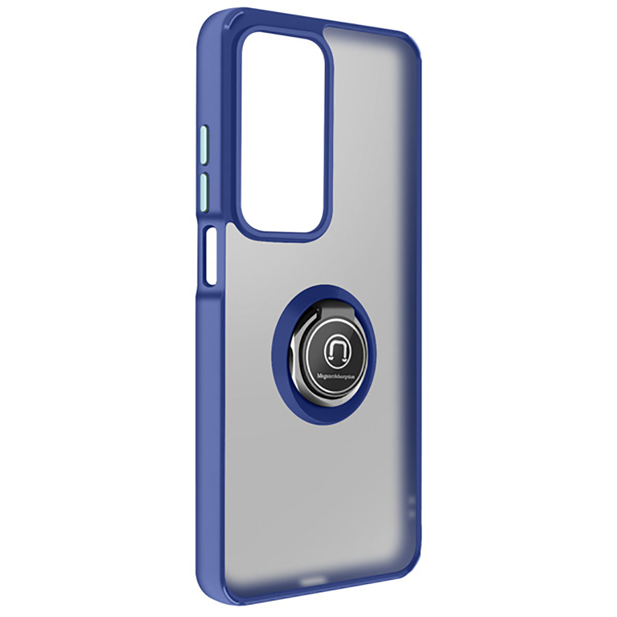 Une coque de téléphone avec un cadre bleu et un support d'anneau argenté. La coque est transparente, révélant le dos du téléphone.