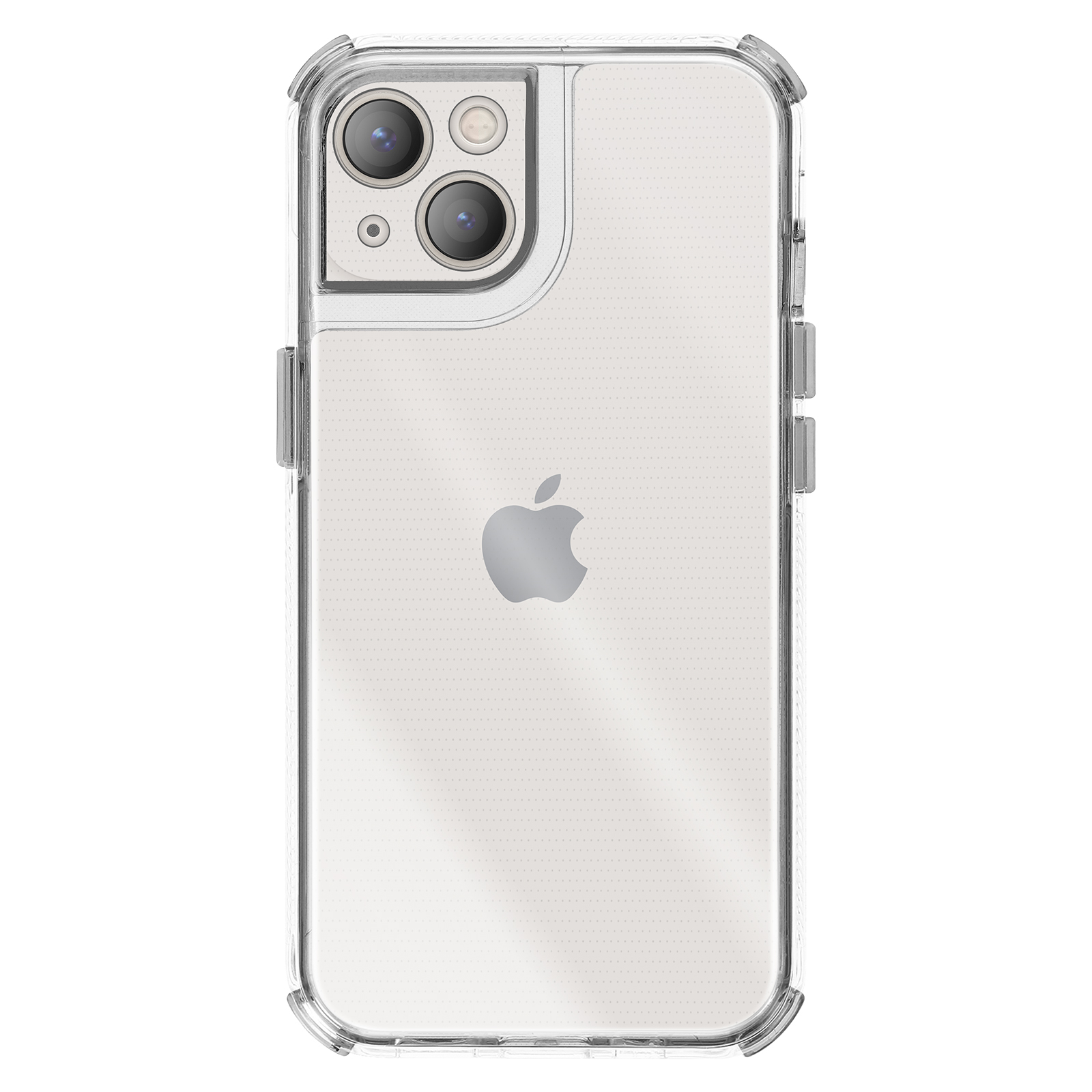 Transparente iPhone-Hülle mit Kameralinsen und Apple-Logo. Die Hülle hat einen Schutzstoßfänger um die Kanten.