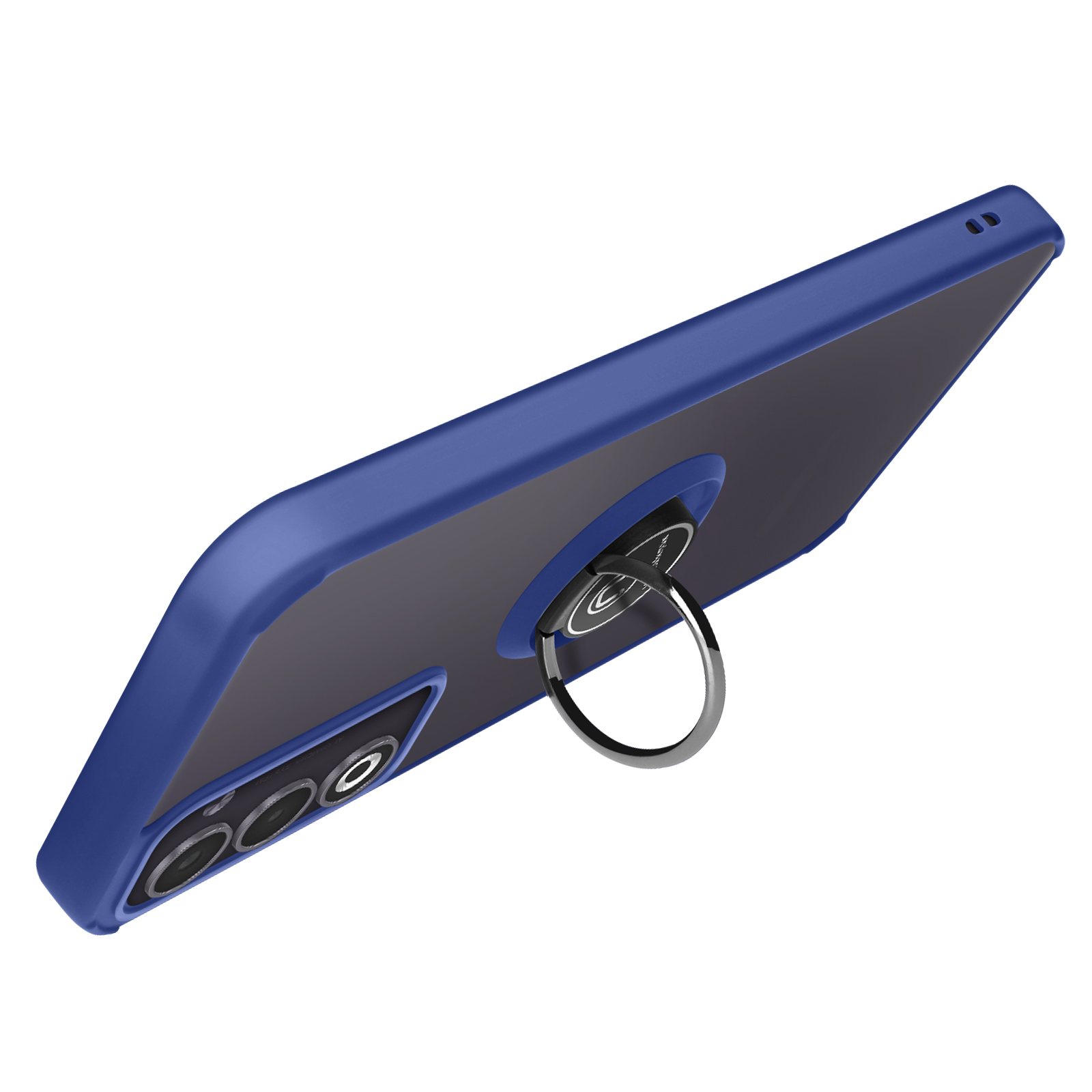 Une coque de téléphone bleue avec un support à anneau. L'étui a une découpe pour l'appareil photo et un anneau argenté.