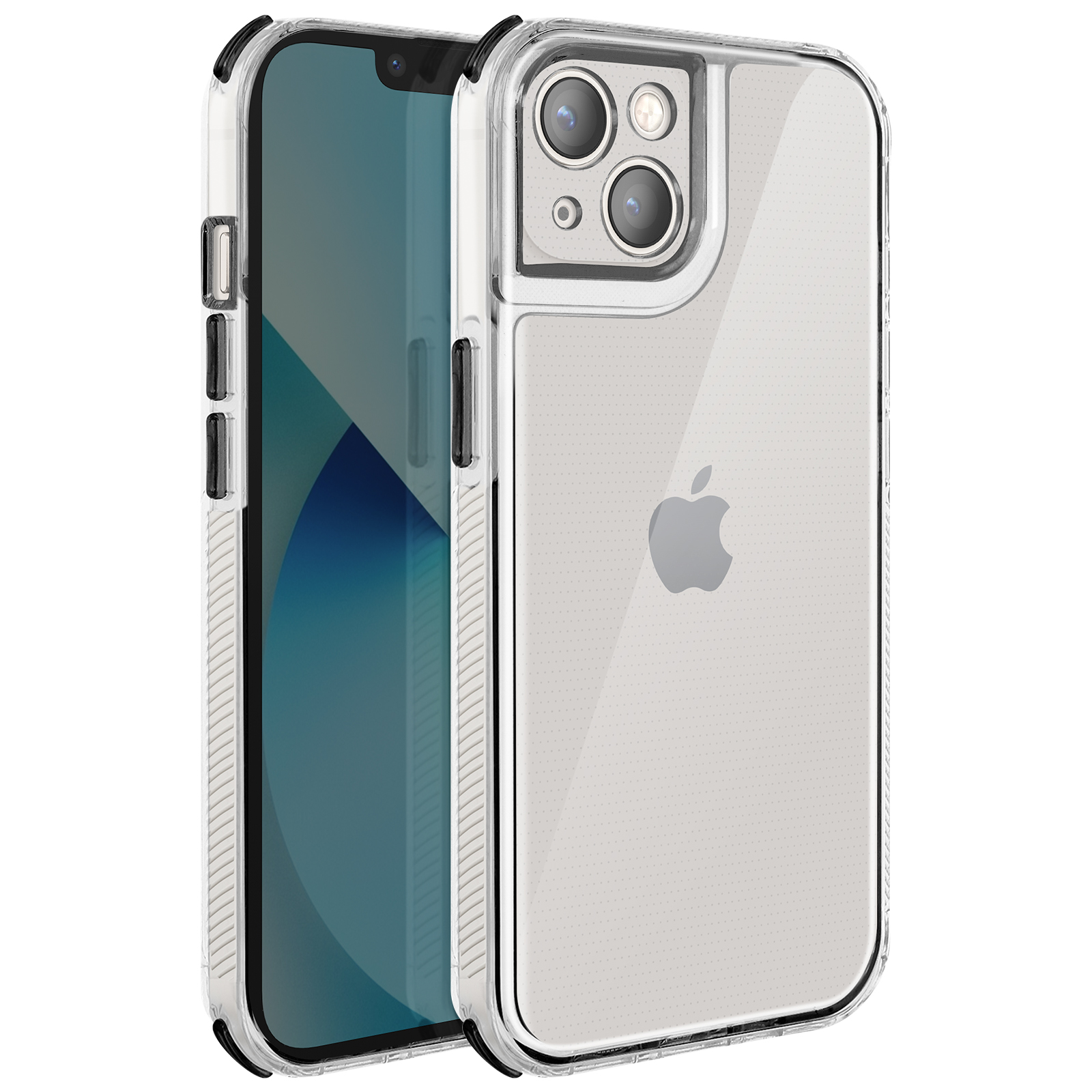 Eine transparente Handyhülle mit einem Telefon darin. Die Hülle hat einen schwarzen Rahmen und schützt die Kamera.