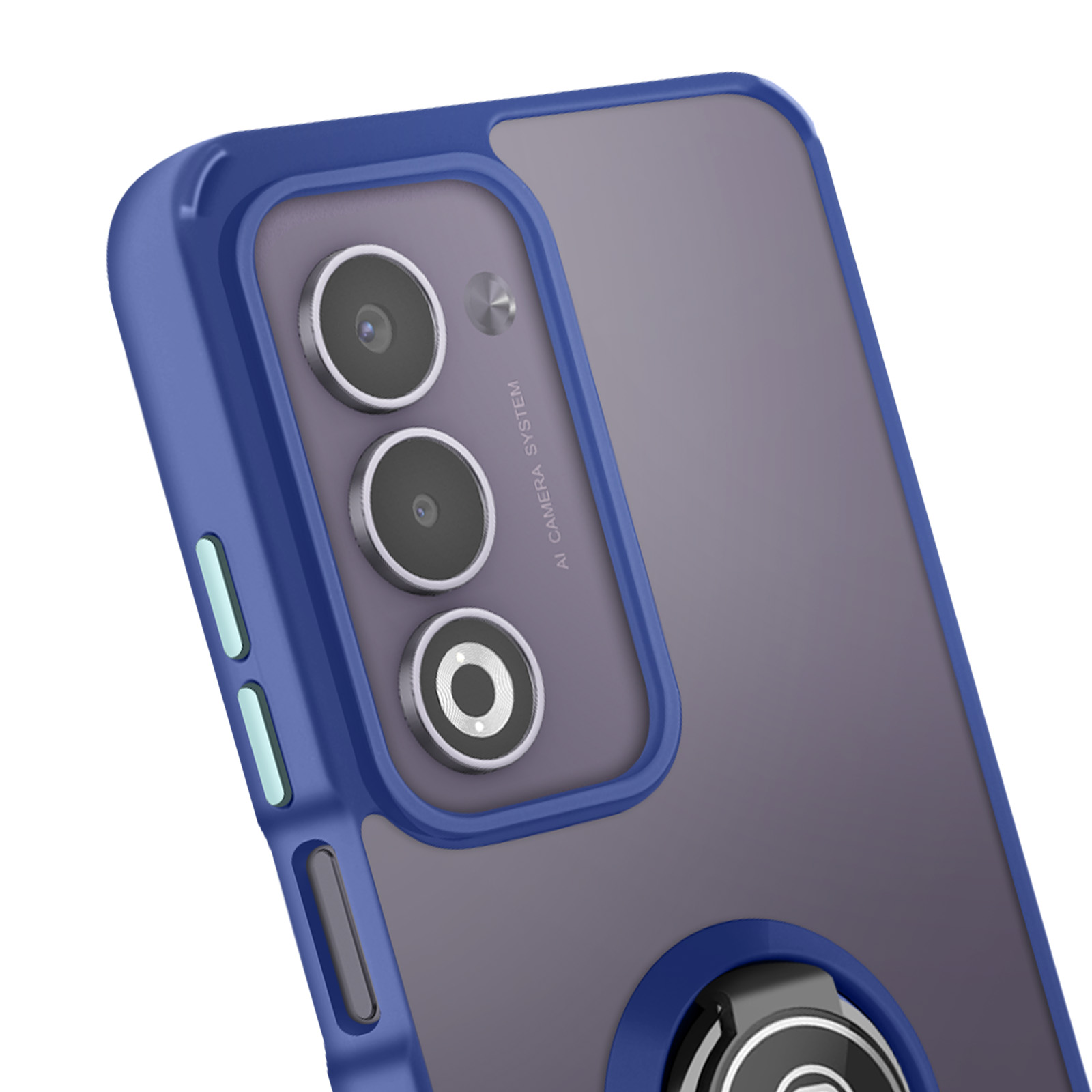Une coque de téléphone avec un cadre bleu. Elle possède trois lentilles de caméra et un support d'anneau circulaire. Le fond est gris.