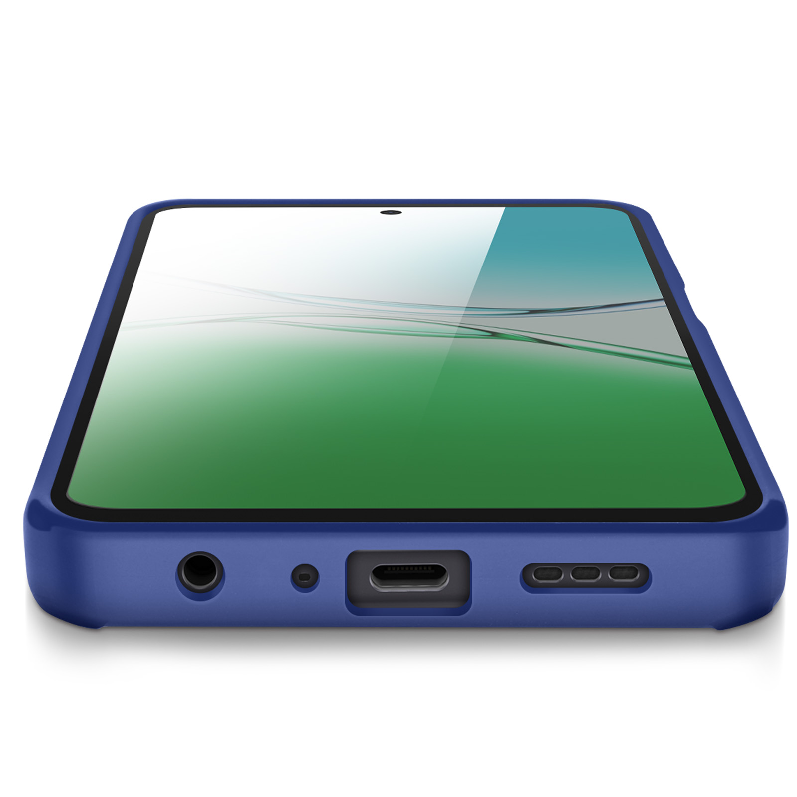 Un téléphone bleu dans un étui avec un écran vert et blanc, posé sur une surface blanche.