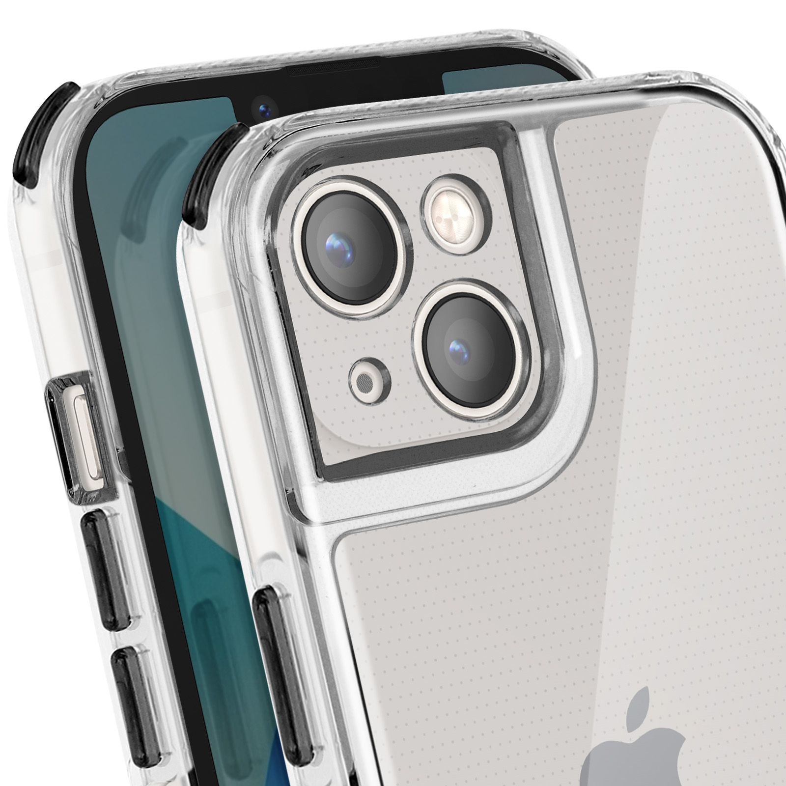 Nahaufnahme einer transparenten Handyhülle mit einem Handy darin. Die Hülle hat schwarze Akzente und einen Kameraausschnitt.