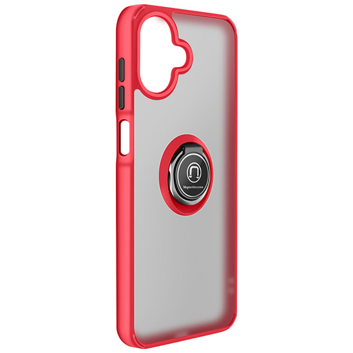 Una custodia per telefono con cornice rossa e retro trasparente. Un anello argentato con un simbolo magnetico è sul retro.