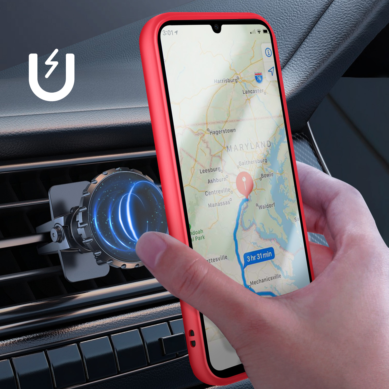 Un telefono con custodia rossa mostra una mappa con un percorso. È montato su una presa d'aria dell'auto con un supporto magnetico.