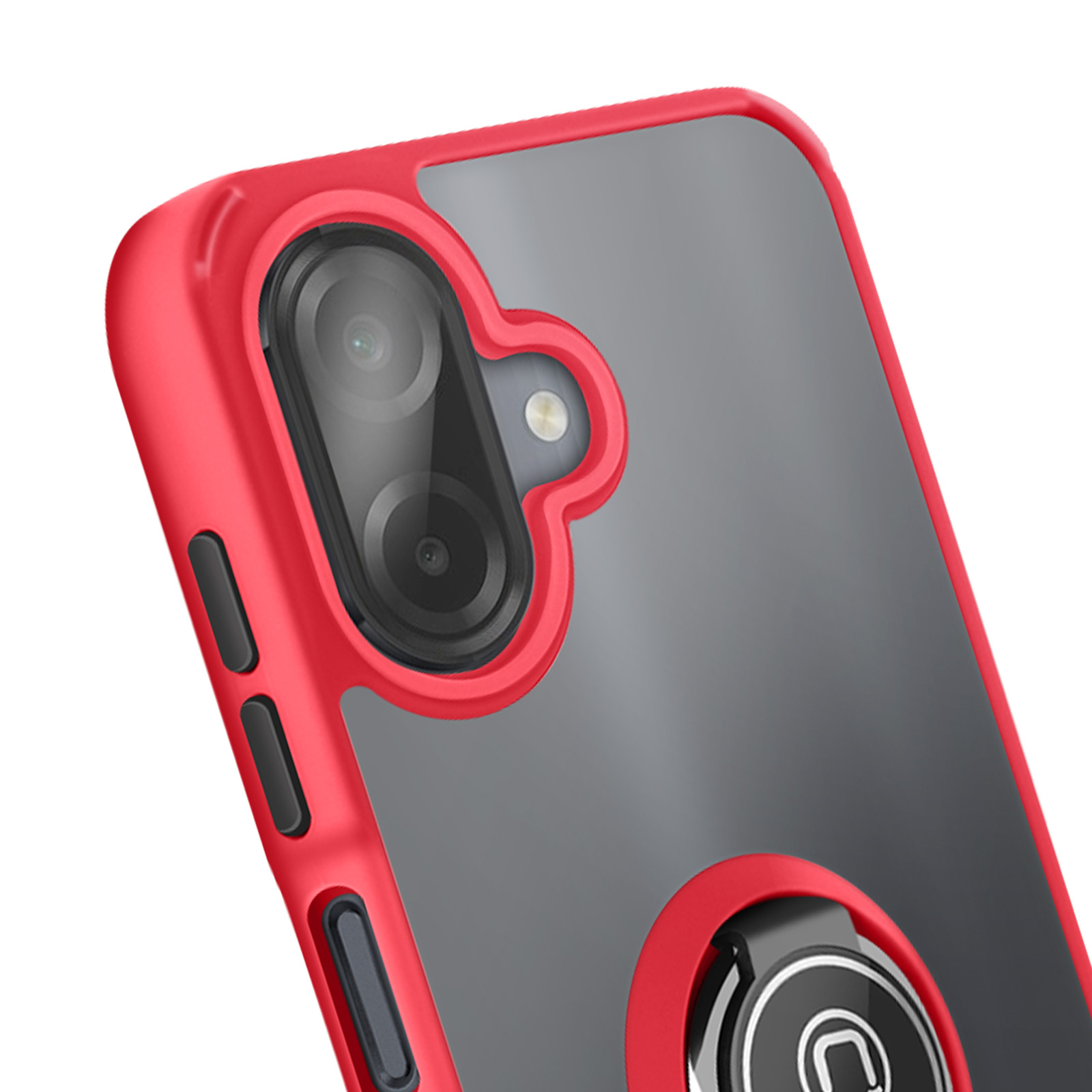 Custodia rossa per telefono con fotocamera e supporto ad anello. Retro grigio. Pulsanti neri laterali. Cornice rosso brillante.