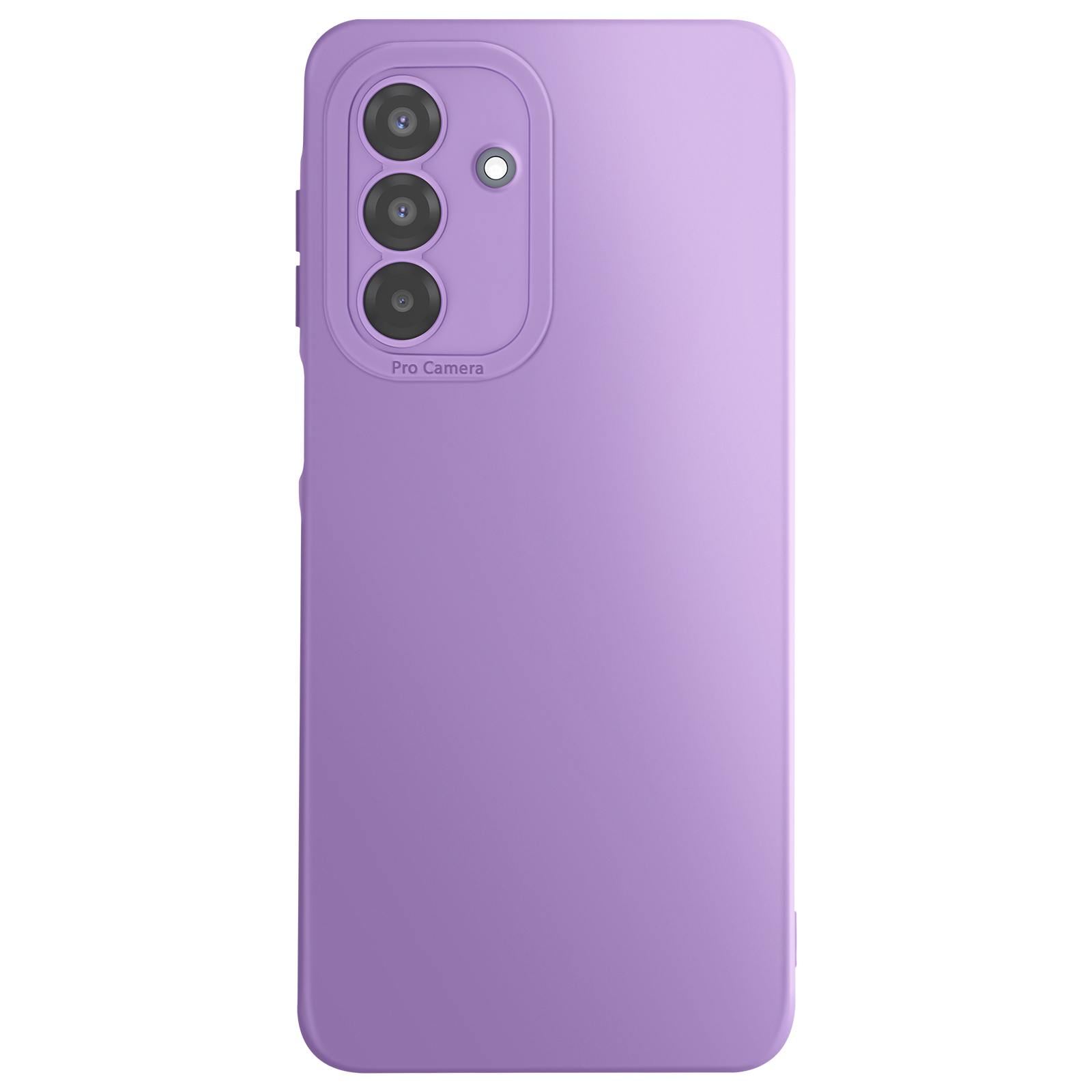 Een close-up van een paarse telefoonhoes met drie cameralenzen en de tekst 'Pro Camera'.