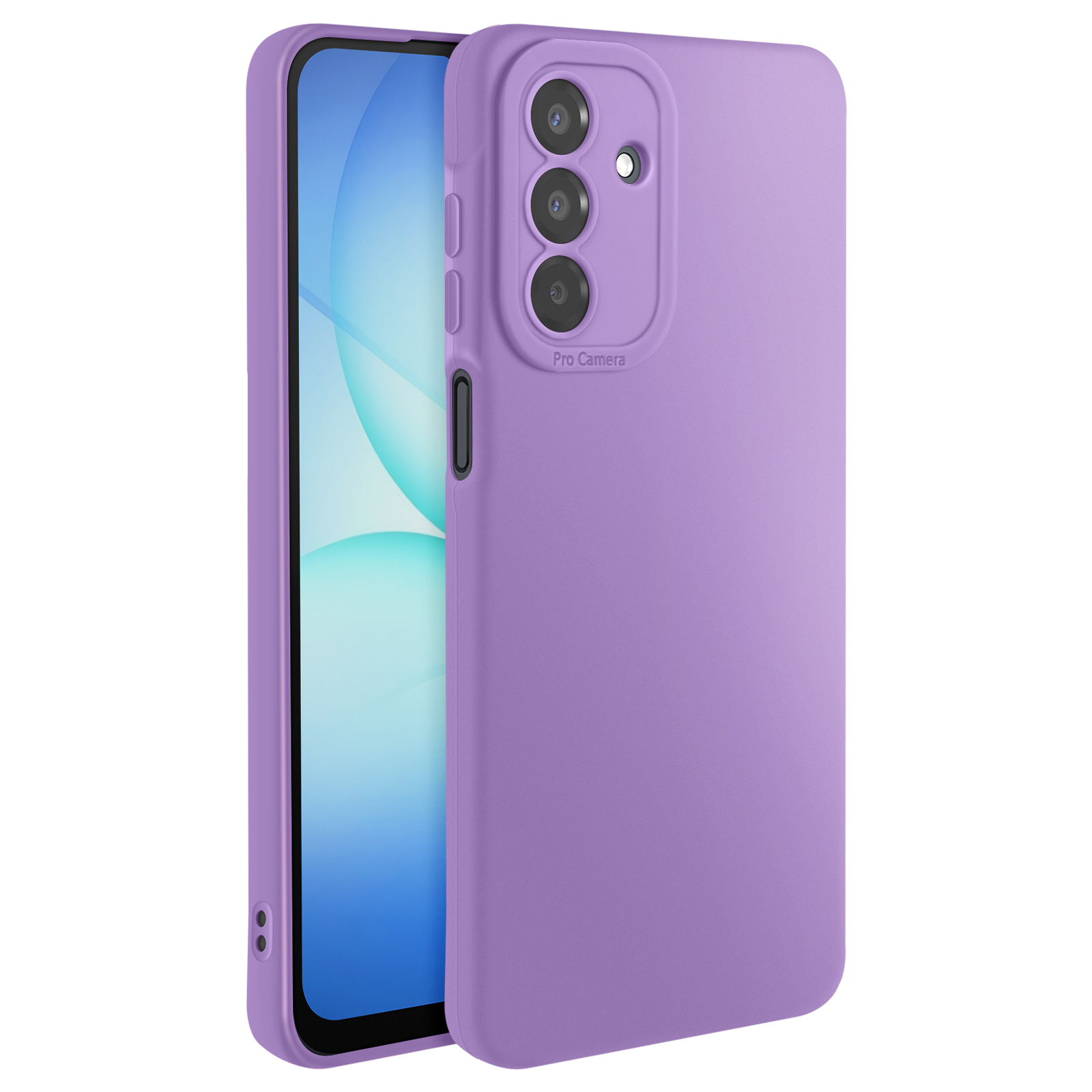 Een paarse telefoonhoes met een telefoon erin. De hoes heeft camera-uitsparingen en knoppen. Het telefoonscherm is zichtbaar.
