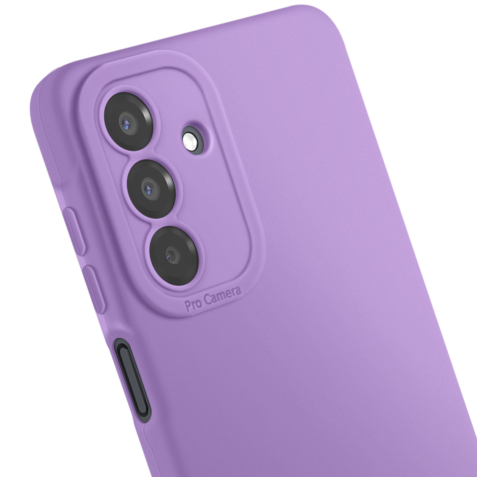 Close-up van een paarse telefoonhoes met drie cameralenzen en een flitser.