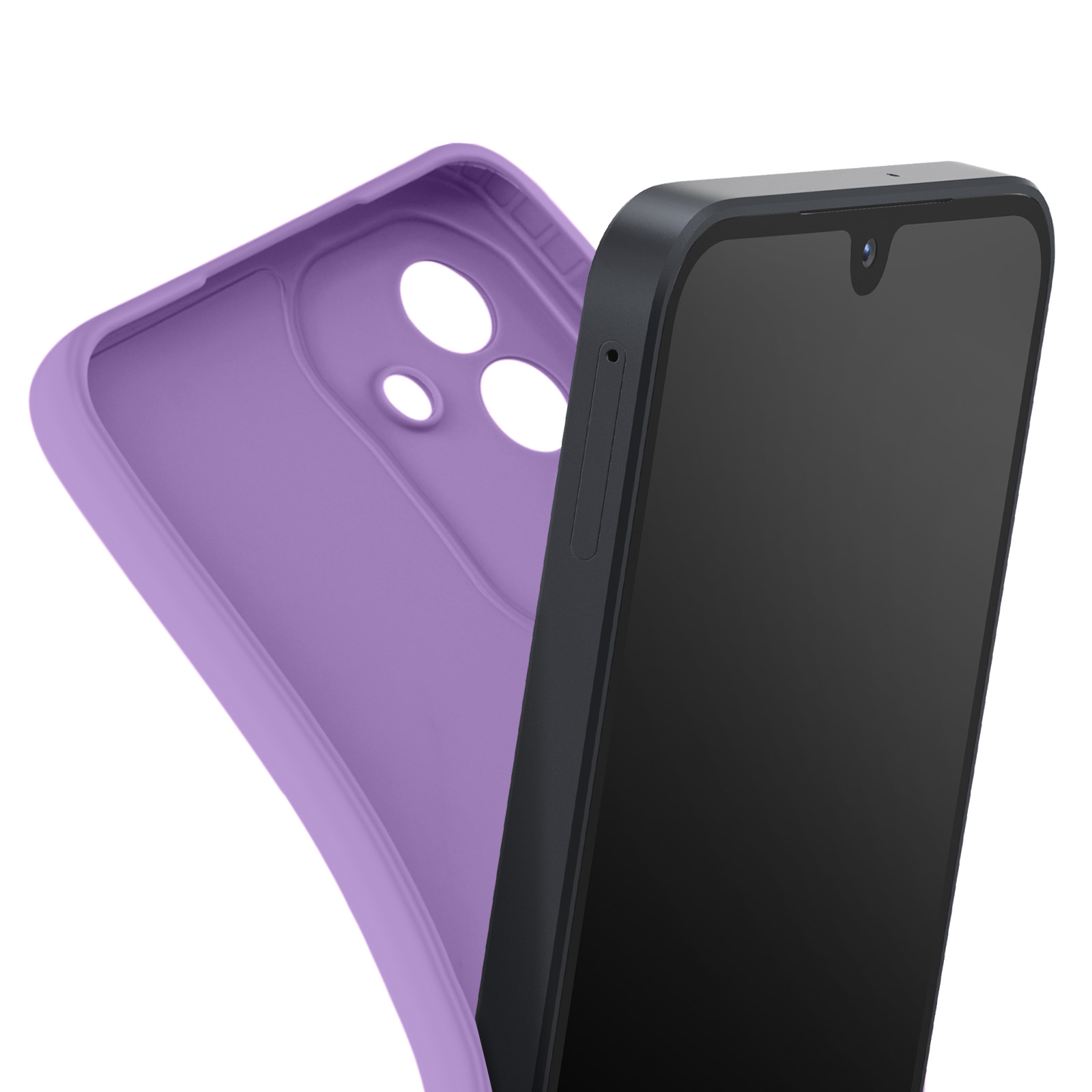 Een zwarte smartphone met zwart scherm staat naast een lavendelkleurige telefoonhoes.