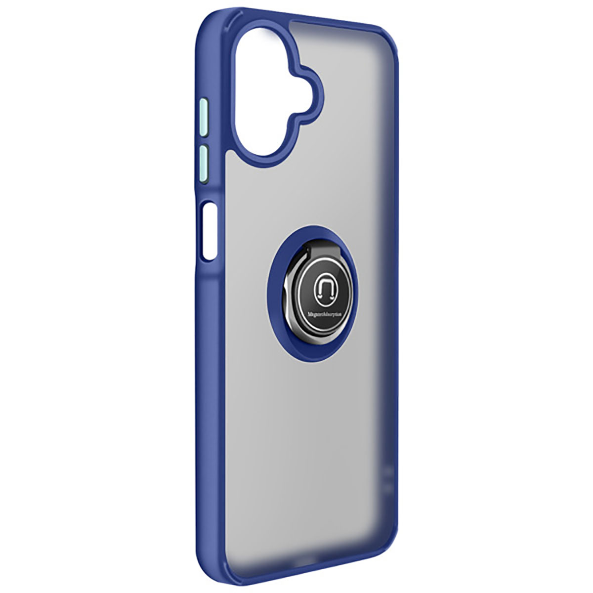 Une coque de téléphone bleue et transparente avec un support de bague. Le support de bague est argenté et noir, avec un symbole 'U'.