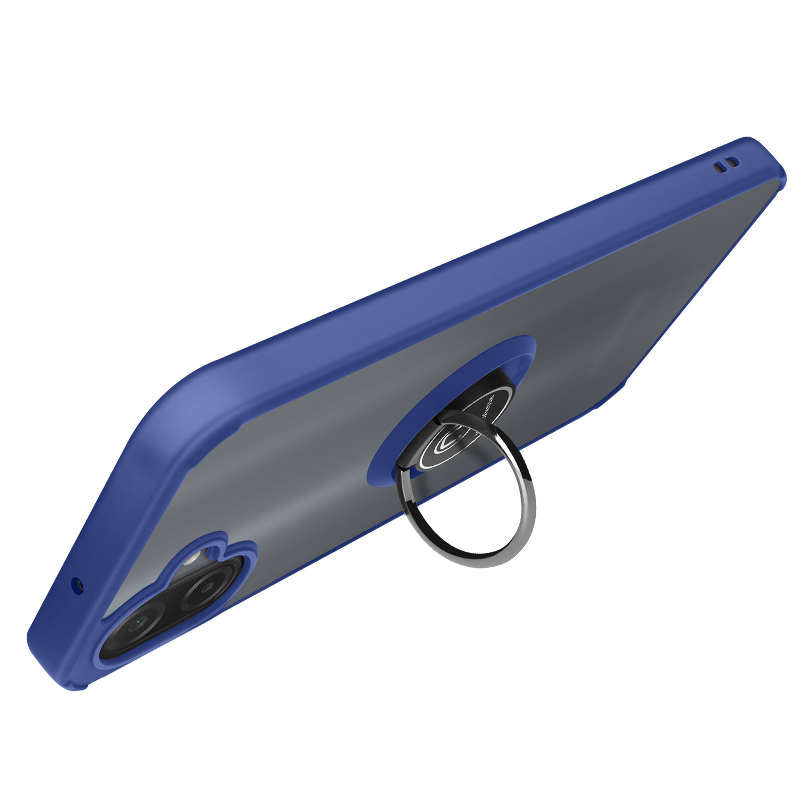 Coque de téléphone bleue avec support à anneau, vue en angle. La coque a une découpe pour l'appareil photo et un anneau argenté.