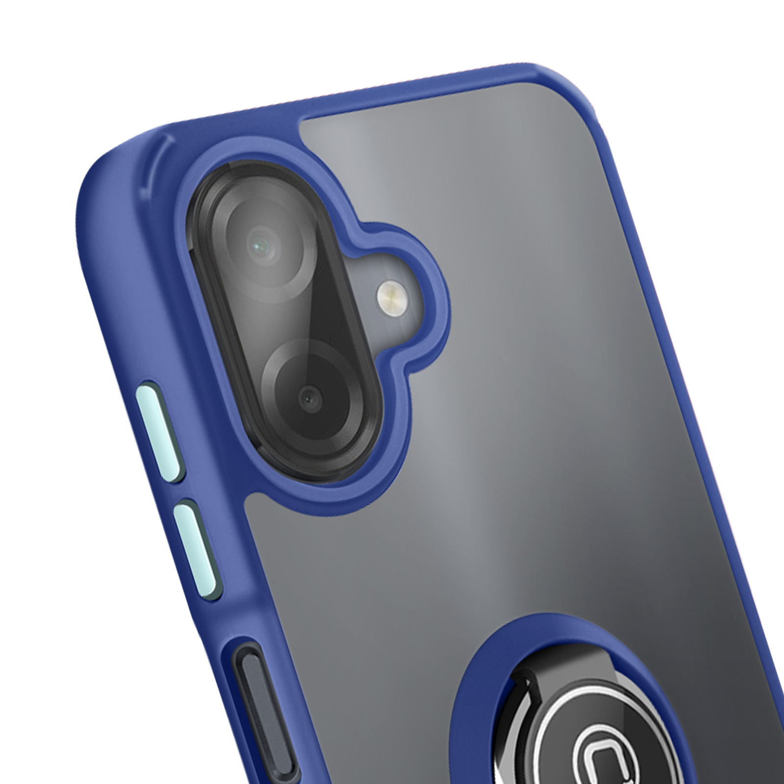 Vue rapprochée d'une coque de téléphone bleue avec un dos gris et un support de bague. La coque a une découpe pour l'appareil photo.