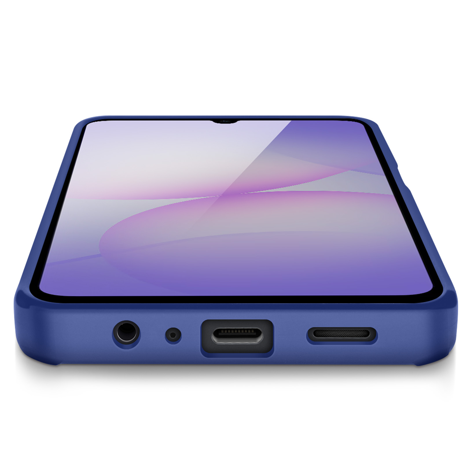 Téléphone bleu dans un étui, écran affichant un design violet. Ports et haut-parleurs en bas.