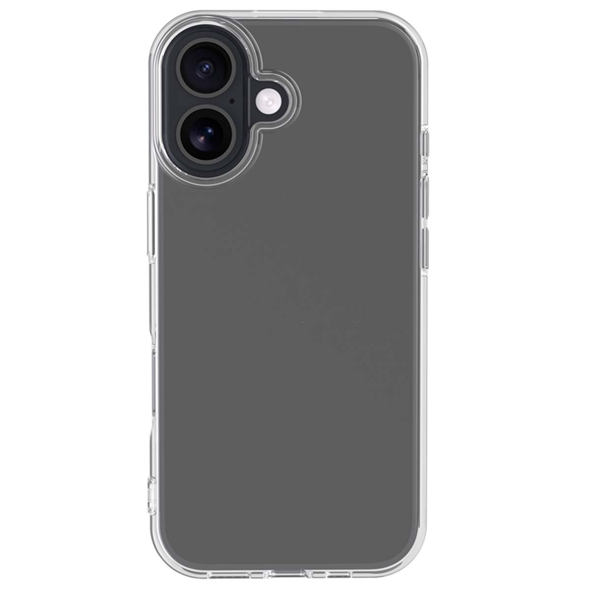 Una custodia trasparente per telefono con interno grigio e modulo fotocamera.
