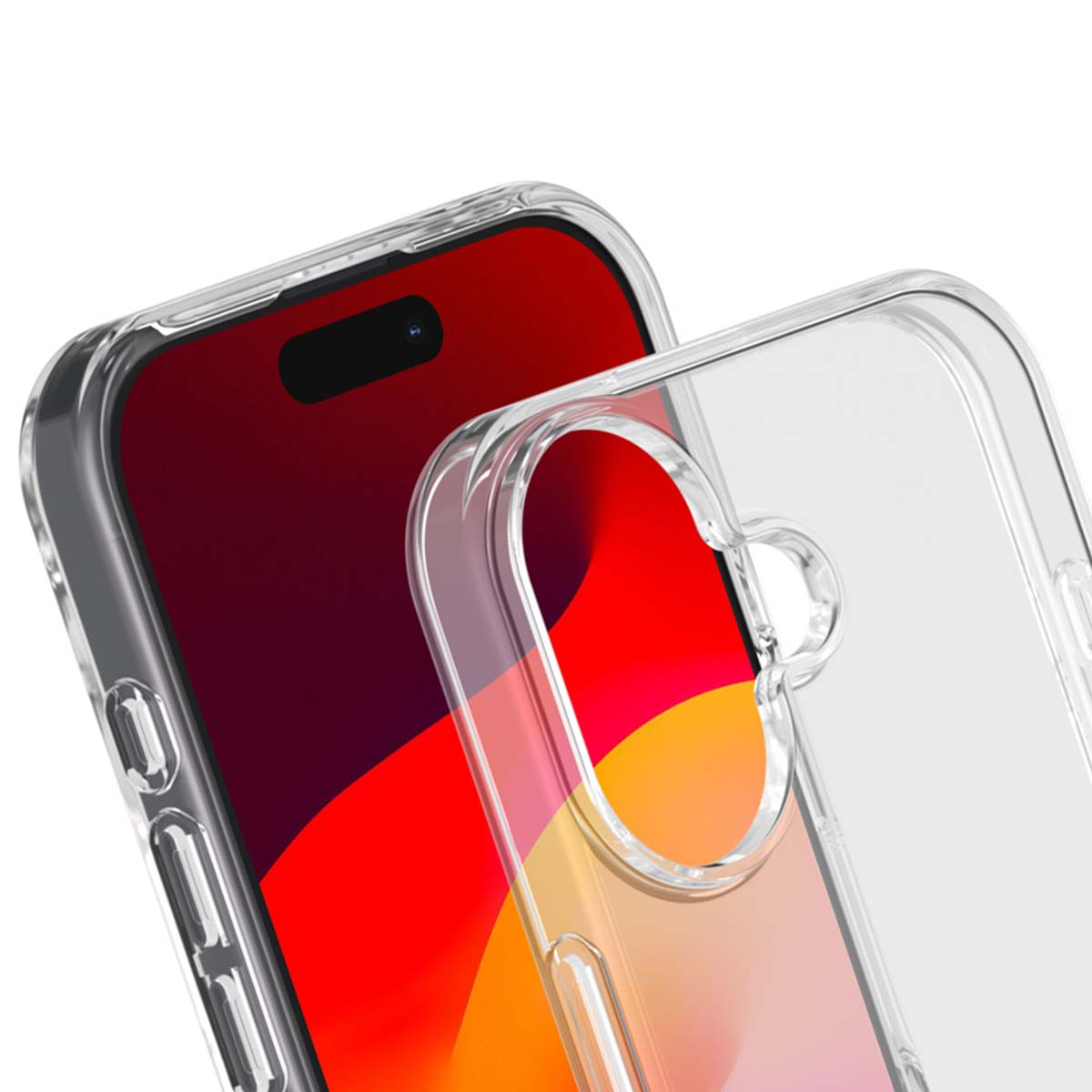 Primo piano di un telefono in una custodia trasparente. Il telefono ha uno schermo sfumato rosso e arancione. La custodia è trasparente.