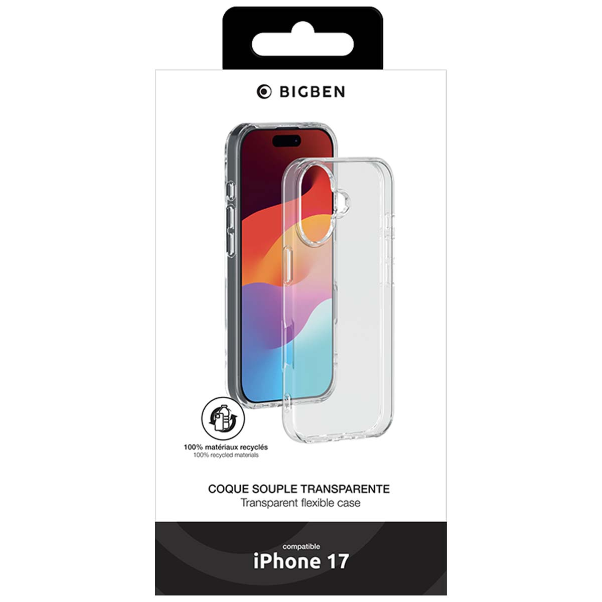 Una confezione di custodia per telefono con un telefono all'interno. Il testo include 'BIGBEN', 'iPhone 17' e 'materiali riciclati'.