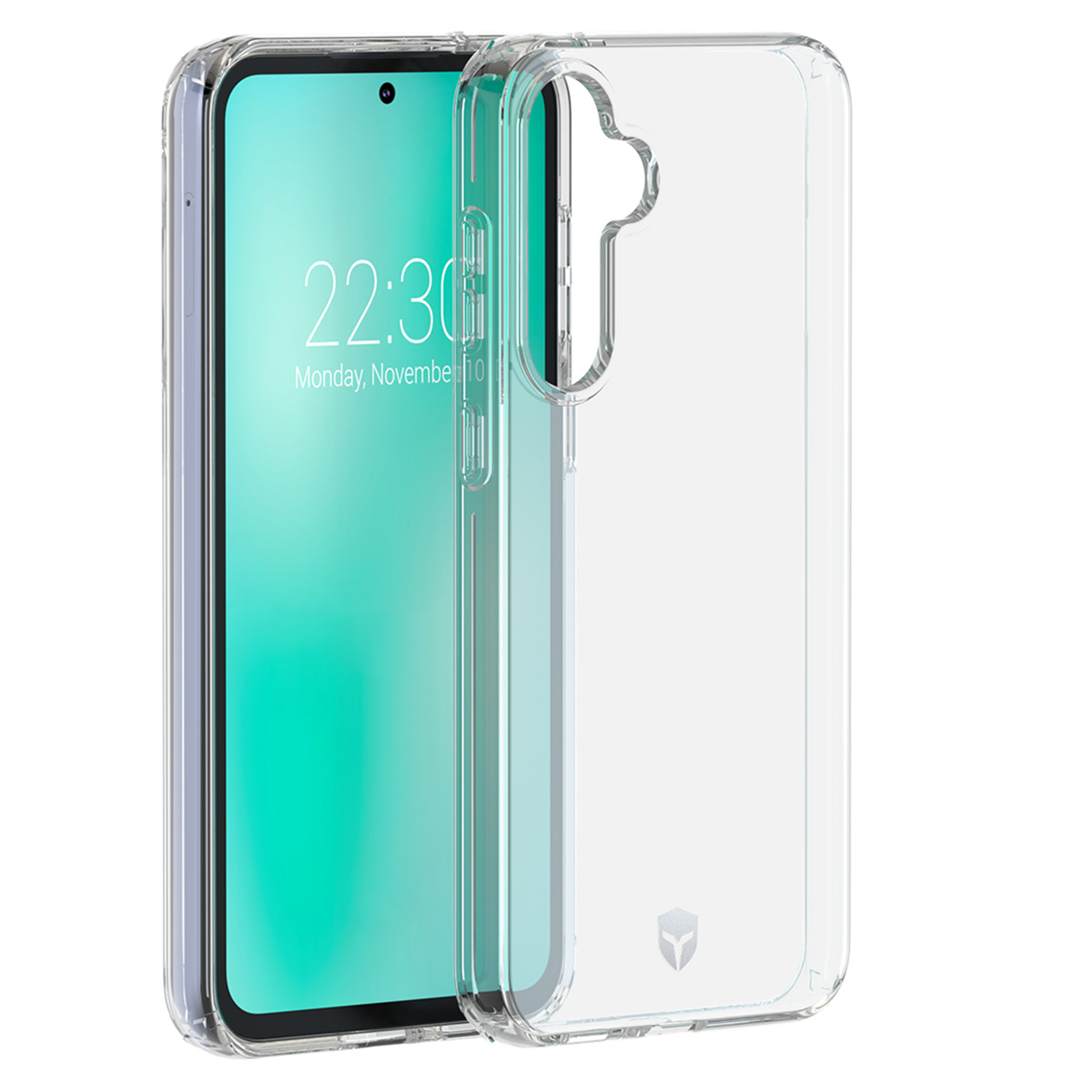 Uno smartphone in una custodia trasparente. Lo schermo mostra l'ora, 22:30, e la data, lunedì 10 novembre. La custodia ha un logo.