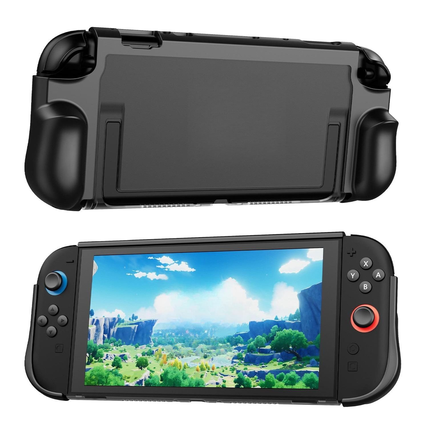 Eine schwarze Nintendo Switch-Konsole mit einem auf dem Bildschirm angezeigten Spiel. Der Bildschirm zeigt eine Landschaft mit Himmel und Bergen.