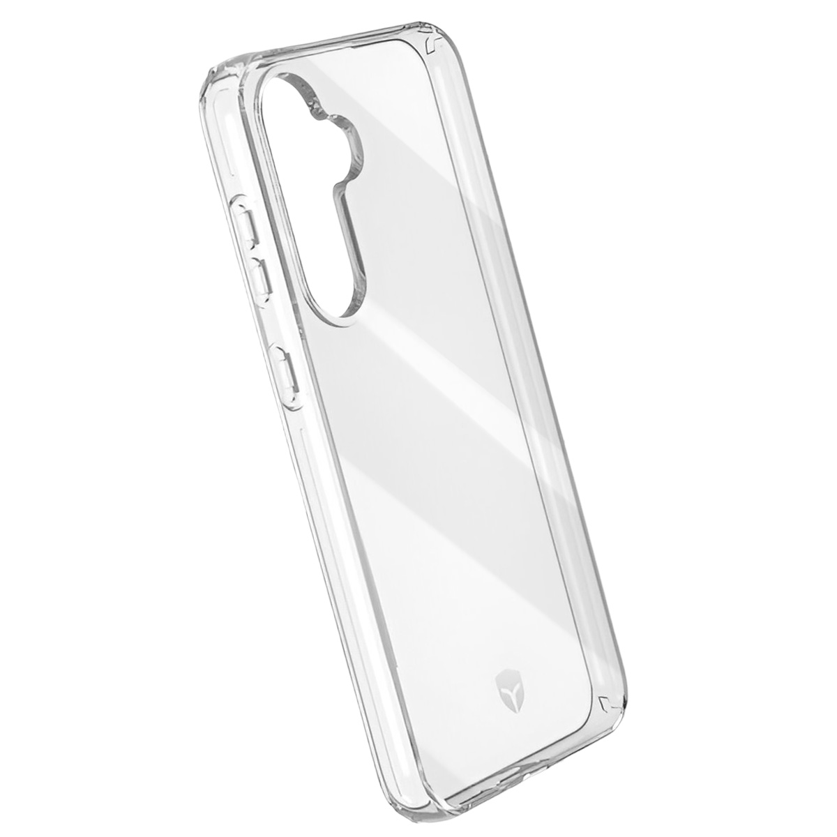 Una custodia trasparente per telefono, leggermente angolata, con fori per i pulsanti e la fotocamera. Su sfondo bianco.