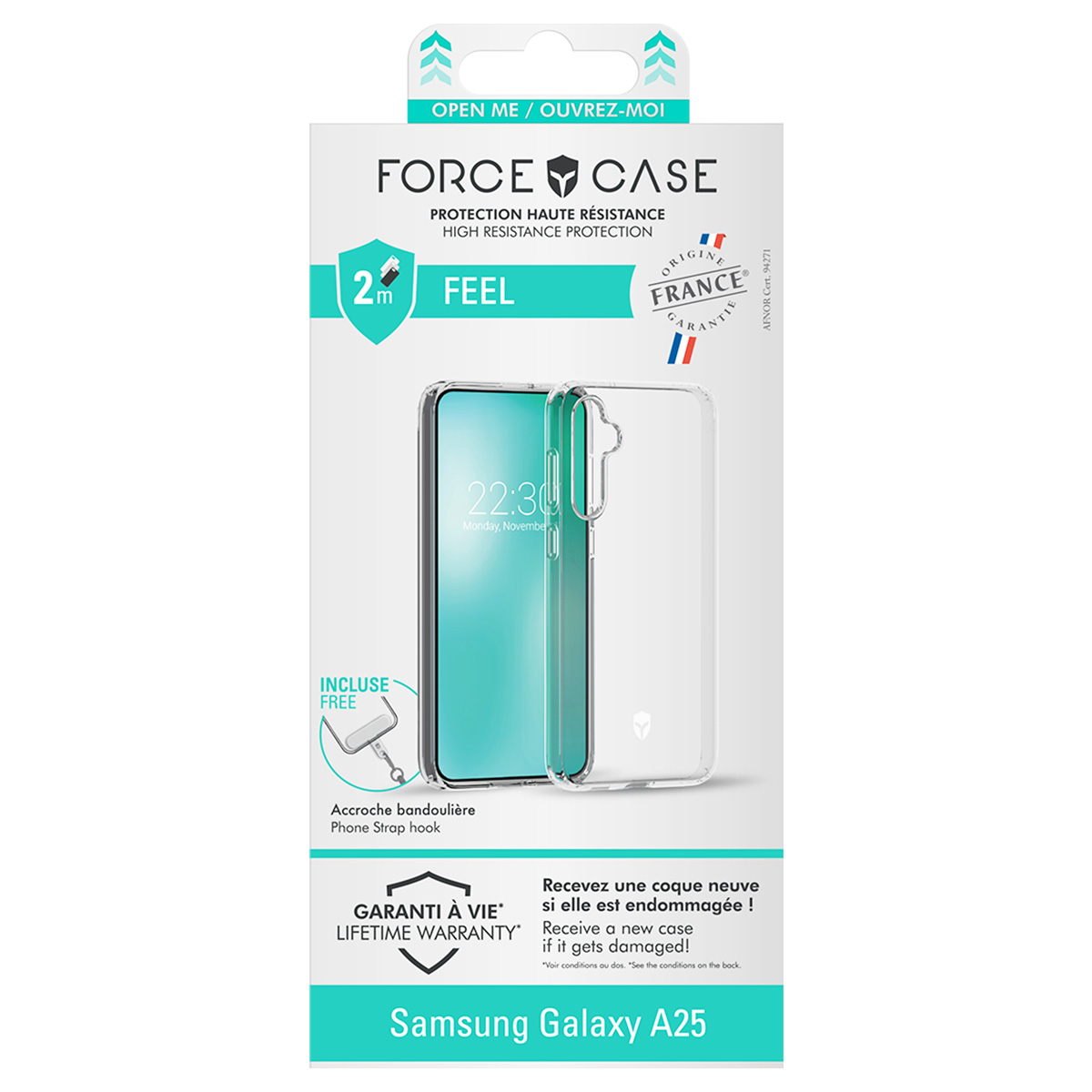 Una confezione di custodia per telefono con una custodia trasparente e un telefono all'interno. Il testo include 'FORCE CASE', 'Samsung Galaxy A25' e informazioni sulla garanzia.