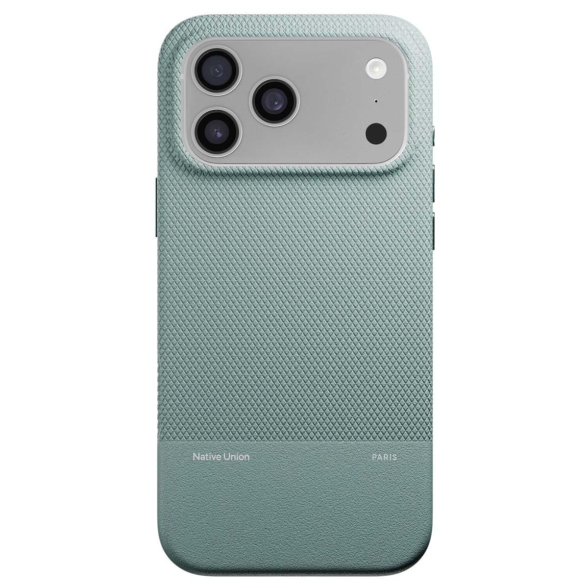 Una custodia per telefono verde menta con superficie strutturata. Ha un modulo fotocamera e le scritte "Native Union" e "PARIS".