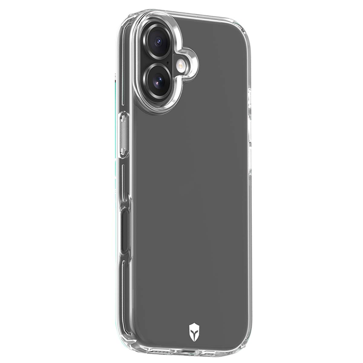 Custodia trasparente per telefono. Ha un ritaglio per la fotocamera e un logo in basso. La custodia è trasparente con retro grigio.