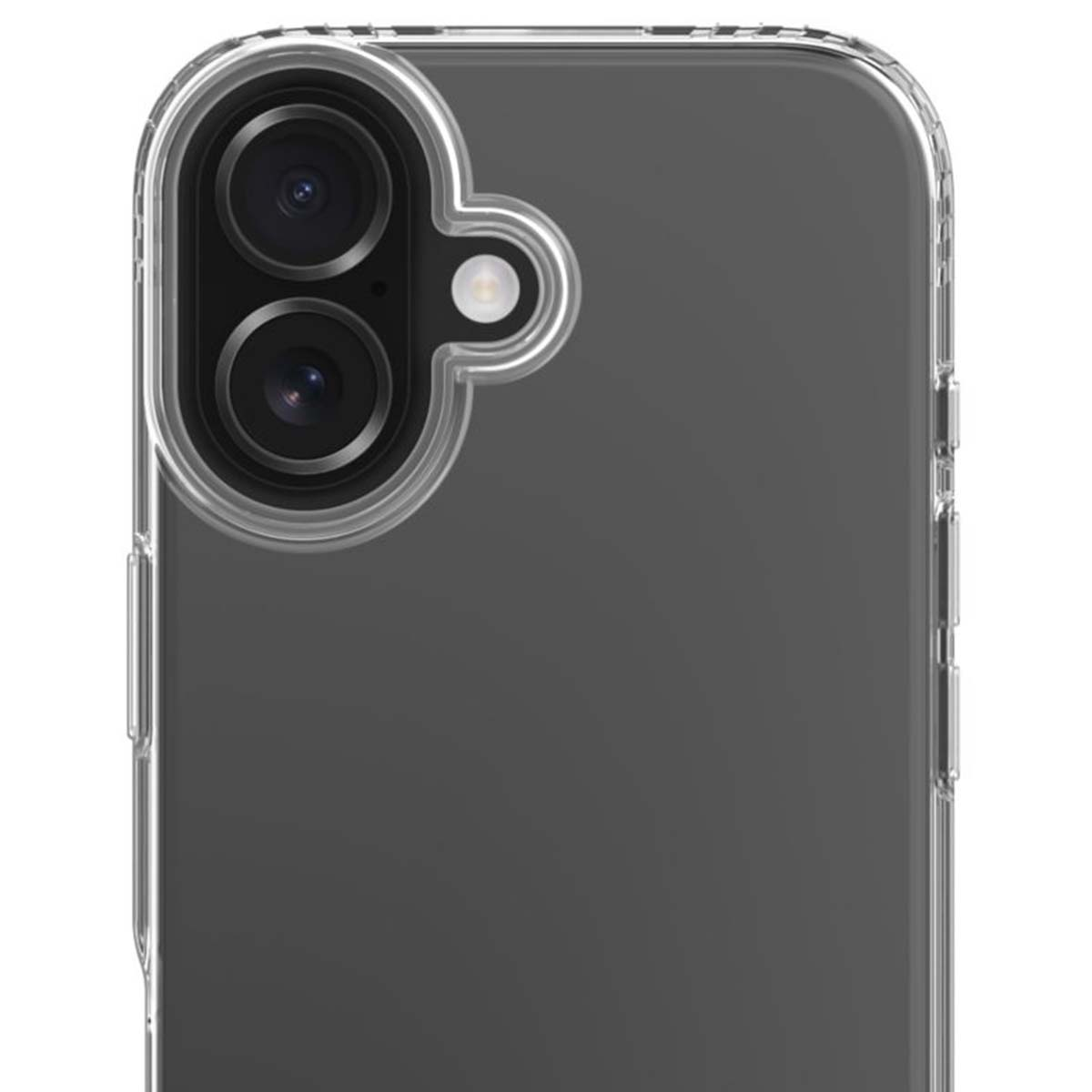 Una custodia trasparente con protuberanza per la fotocamera. La custodia protegge le lenti. Lo sfondo è grigio.