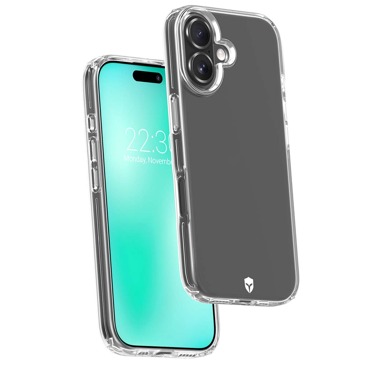 Due smartphone in custodie trasparenti, uno mostra uno schermo dell'ora. Le custodie hanno un logo. Sfondo bianco.