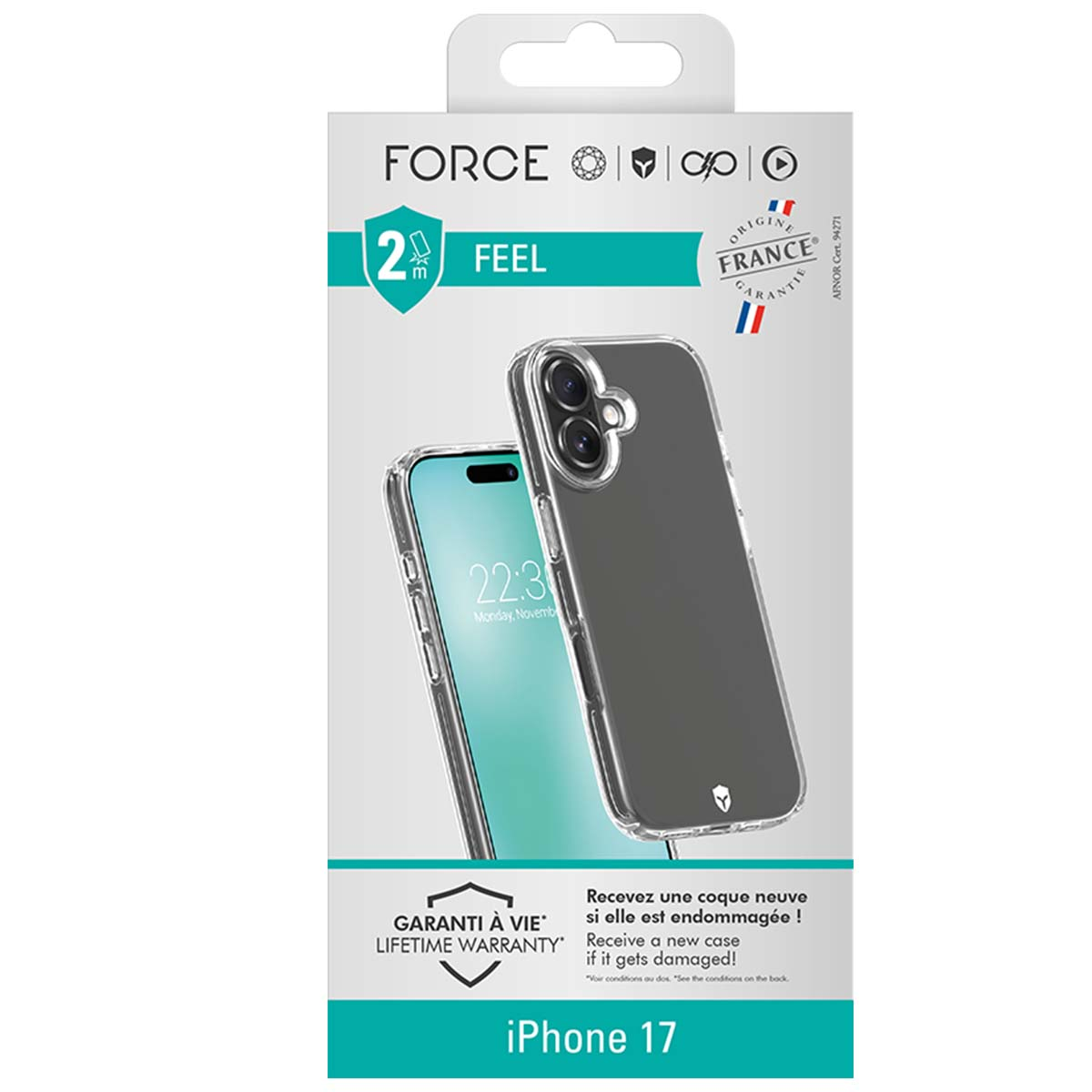 Una confezione di custodia per telefono con un iPhone 17. La custodia è trasparente, lo schermo mostra l'ora. Testo francese visibile.