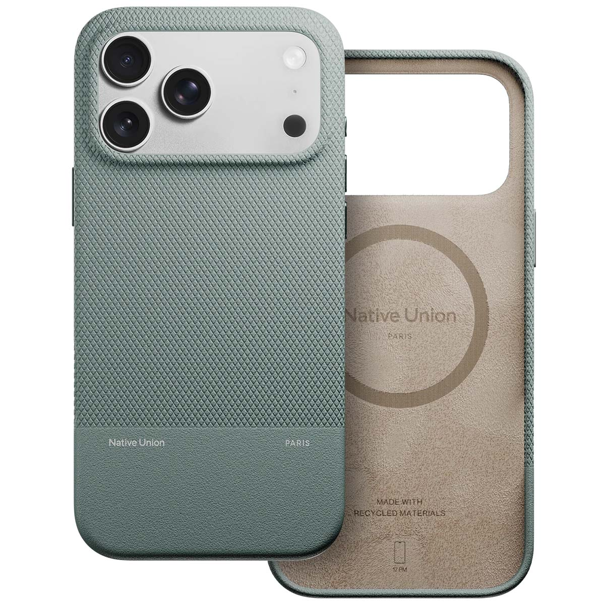 Una custodia per telefono, frontale verde acqua con ritagli per fotocamera e interno beige. La custodia è aperta, mostrando l'interno con testo e logo.