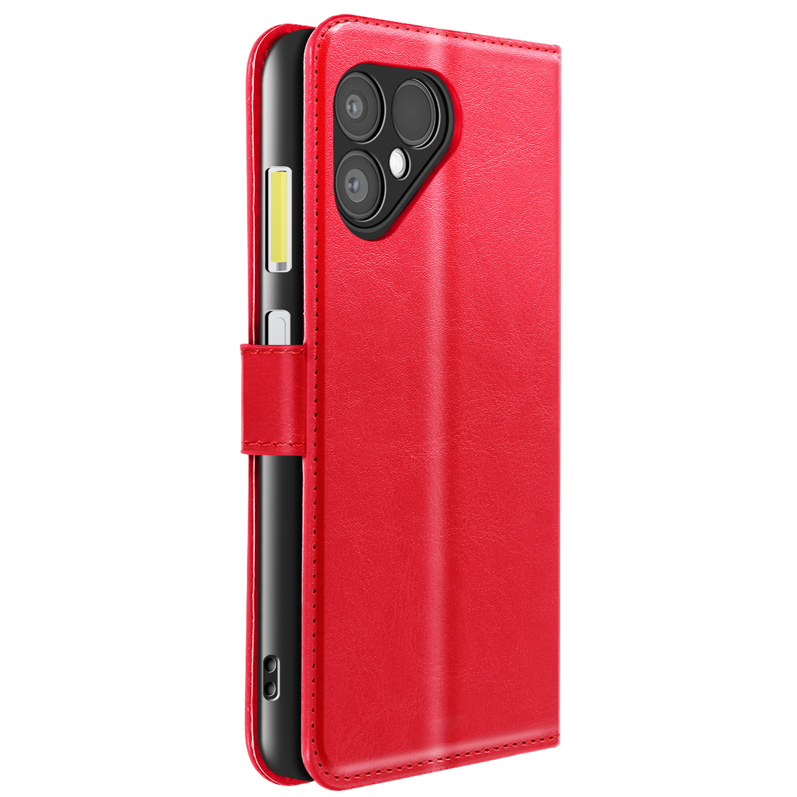 Een rode leren telefoonhoes met een zwarte telefoon erin. Het heeft een camera en een magnetische sluiting.
