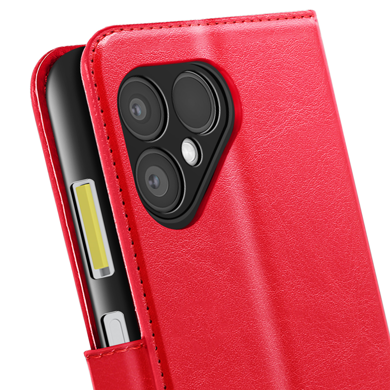 Rode telefoonhoes met zichtbare cameralenzen. Een telefoon zit gedeeltelijk in de hoes. Een flits is zichtbaar.