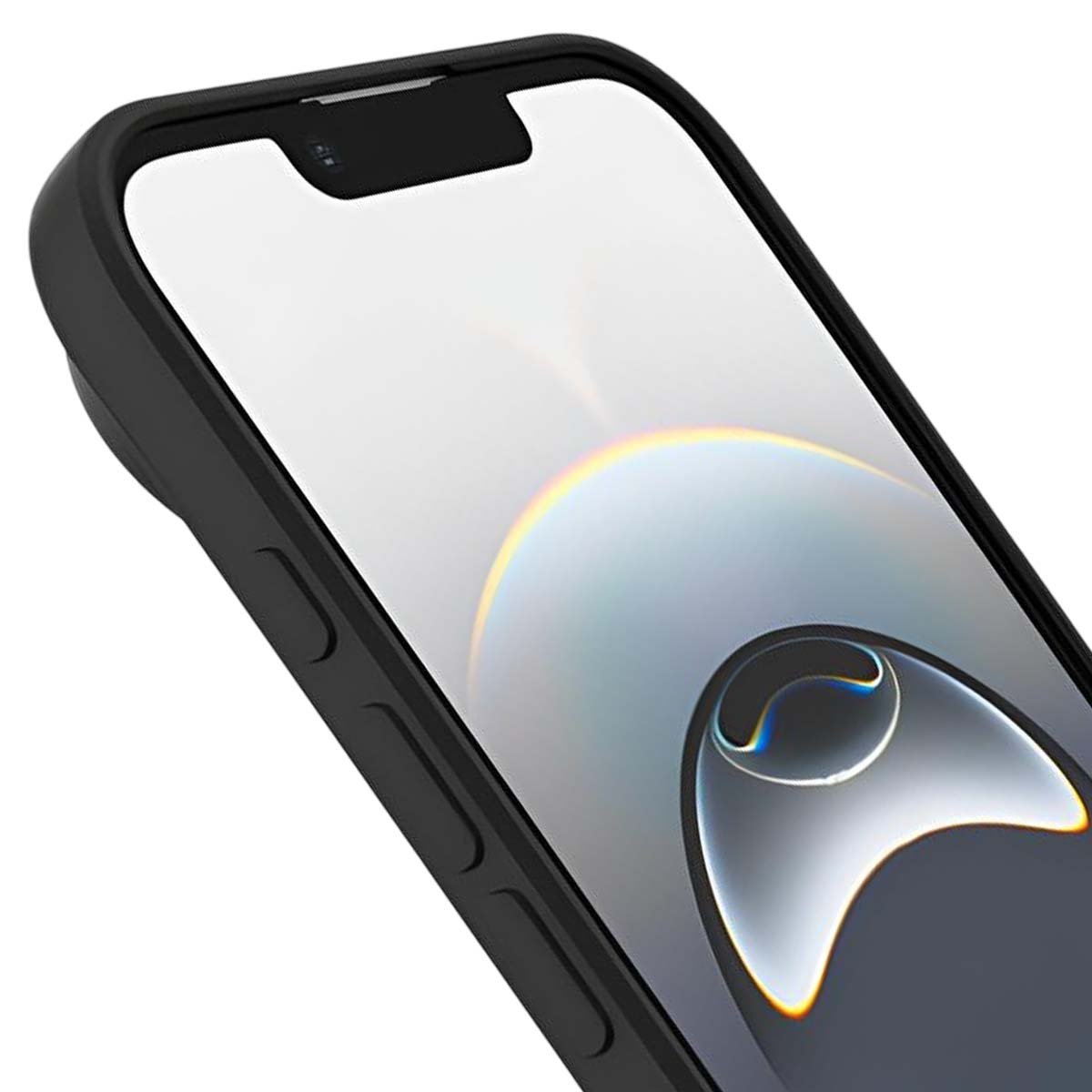Primo piano di uno smartphone nero in una custodia. Lo schermo mostra un design chiaro con effetto arcobaleno. Il telefono è angolato.